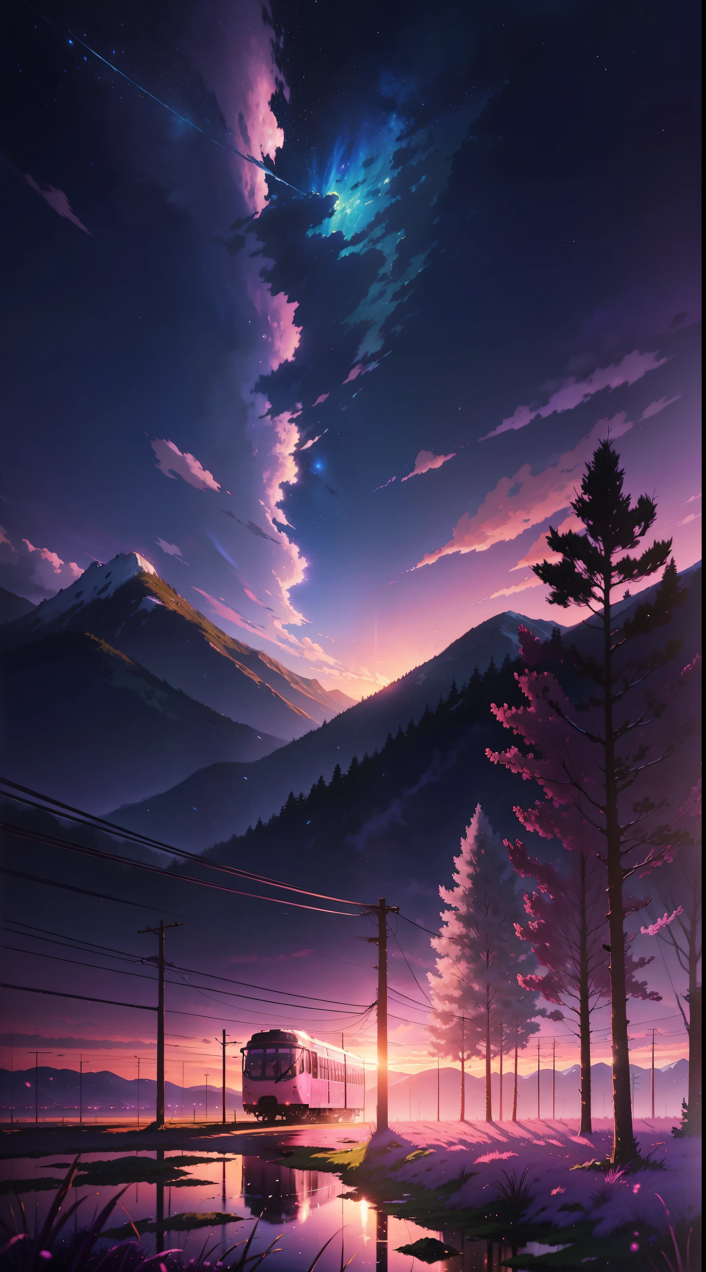 Expansive landscape photograph, (view from below with a view of the sky and wilderness below), standing in a flower field looking up, (full moon: 1.2), (shooting star: 0.9), (nebula: 1.3), distant mountain, tree break production art, (warm light source: 1.2), (firefly: 1.2), lamp, purple and orange, intricate detail, volume lighting, realism break (masterpiece: 1.2) (Best Quality), 4K, Ultra-Detailed, (Dynamic Configuration: 1.4), Highly Detailed and Colorful Details, (Iridescent Colors: 1.2), (Glowing Lighting, Atmospheric Lighting), Dreamy, Magical, (Solo: 1.2)