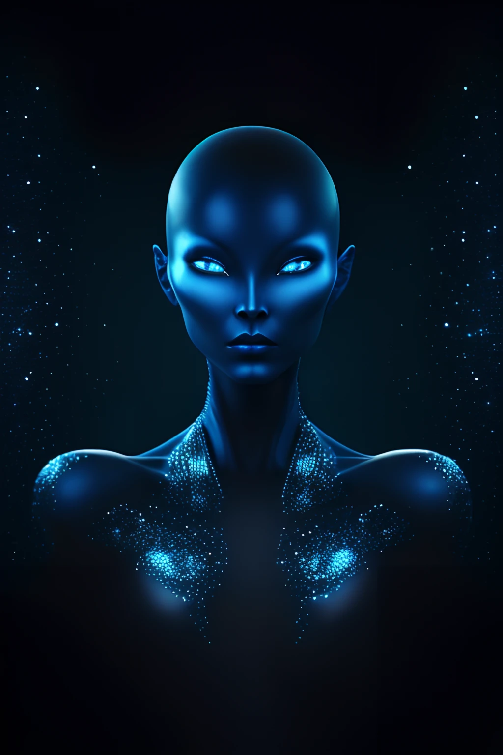 Alien woman, blue skin, high quality, stars, detailed, light particles, masterpiece, 8k, wallpaper quality