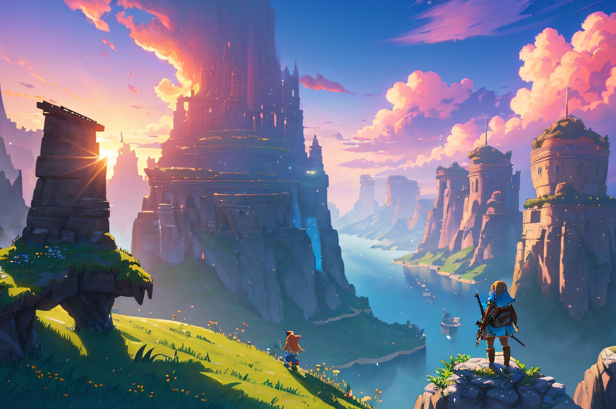 best quality, 4k, high resolution, masterpiece: 1.2, ultra detailed, realistic, photorealistic: 1.37,anime: painting style, we see Link, character from the Zelda game, standing on a cliff overlooking a city, in front of a fantasy city, 2.5d cgi anime fantasy illustrations, breath of the wild art style , highly detailed official art illustrations, botw, 4k highly detailed digital art, ross tran. scenic background, zelda botw, 8k high quality detailed art, hyrule, amazing wallpaper