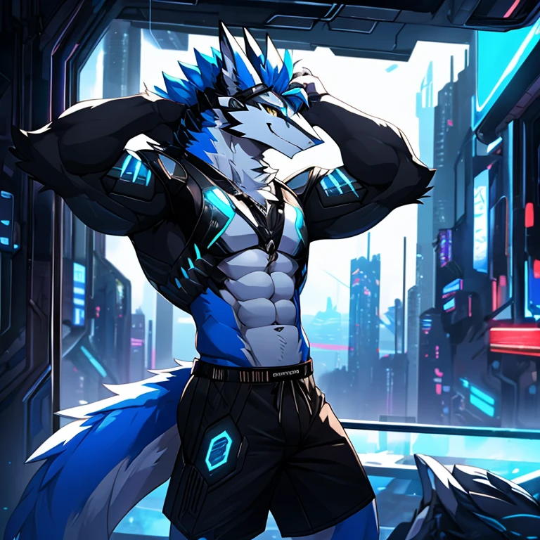 独奏，male，Huge anthropomorphic furry Sergal characters，Wear only black shorts, ripped abs,, Black and white fur, Bright blue mohawk, hand behind head, A toothy and seductive smile, Cyberpunk interior background, scenic, Best quality, view the viewer, the sideview, Mecha core