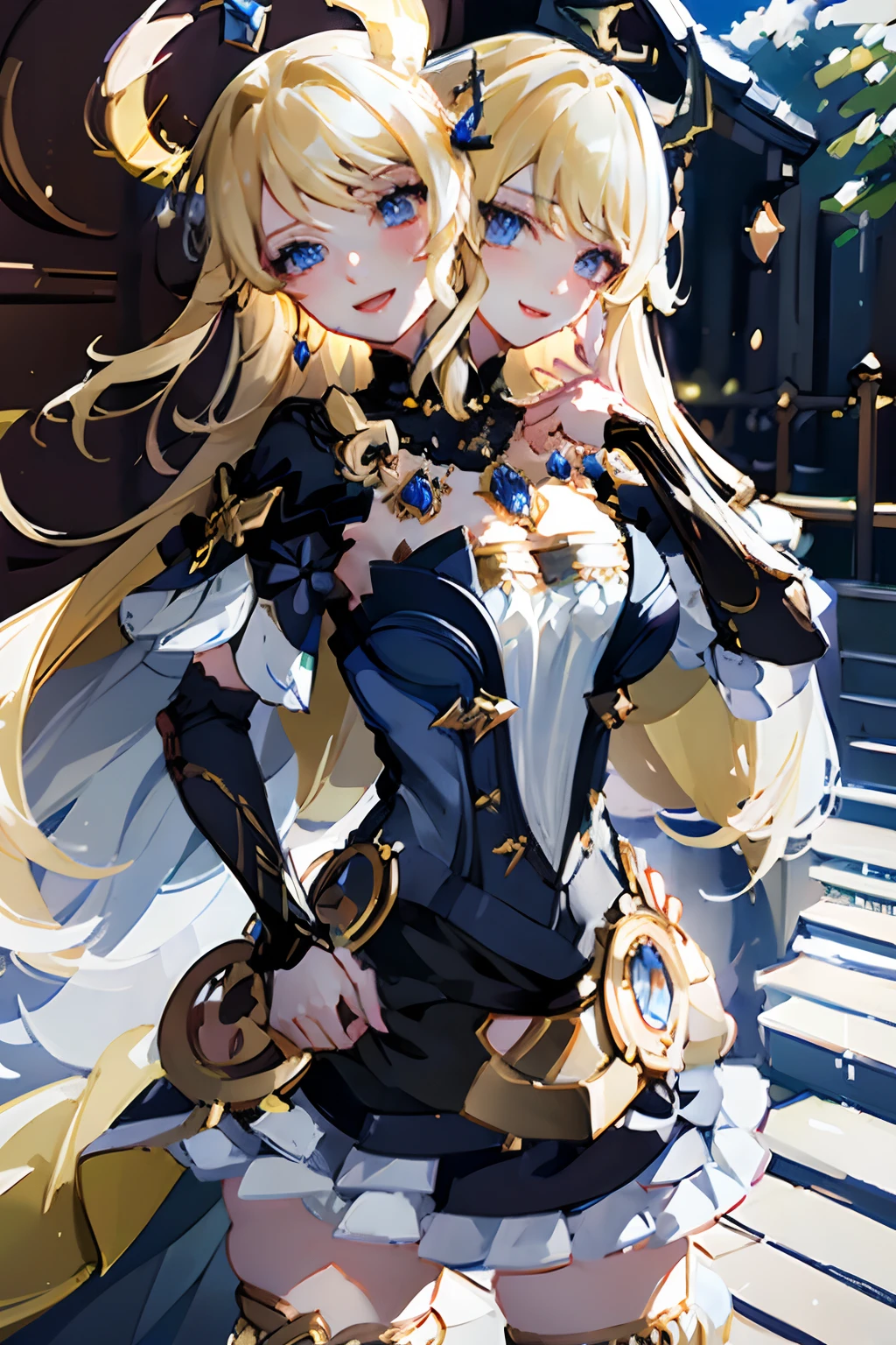 (masterpiece, best quality), best resolution, (2heads:1.5), 1girl, navia character, armor, bangs, breasts, cape, cape lift, earrings, gloves, hand on hip, headband, jewelry, long hair, looking at viewer, open mouth, blonde hair, blue eyes, shoulder armor, smile