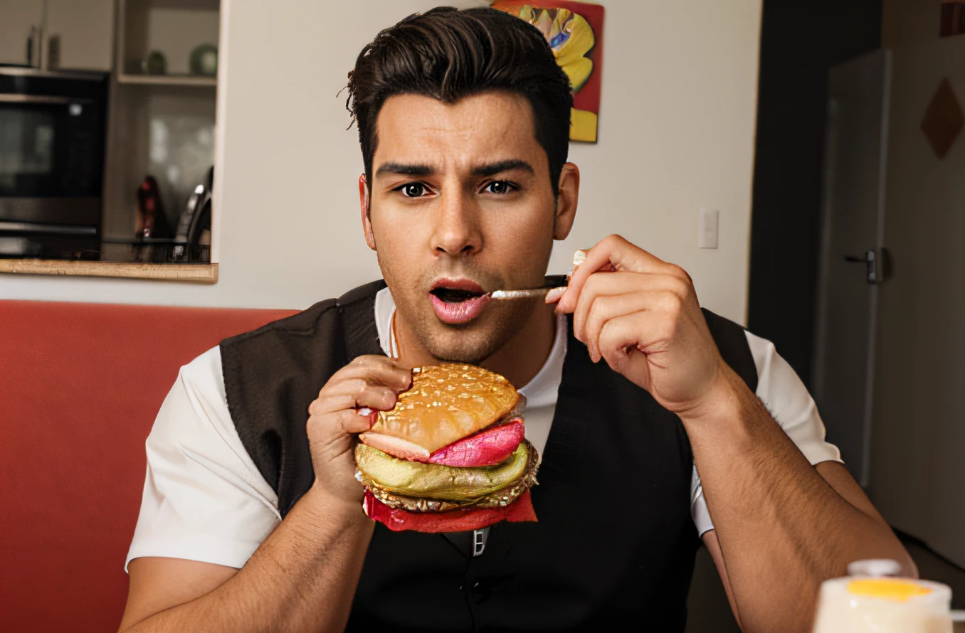 hombre supegrueso comiendo hamburguesas