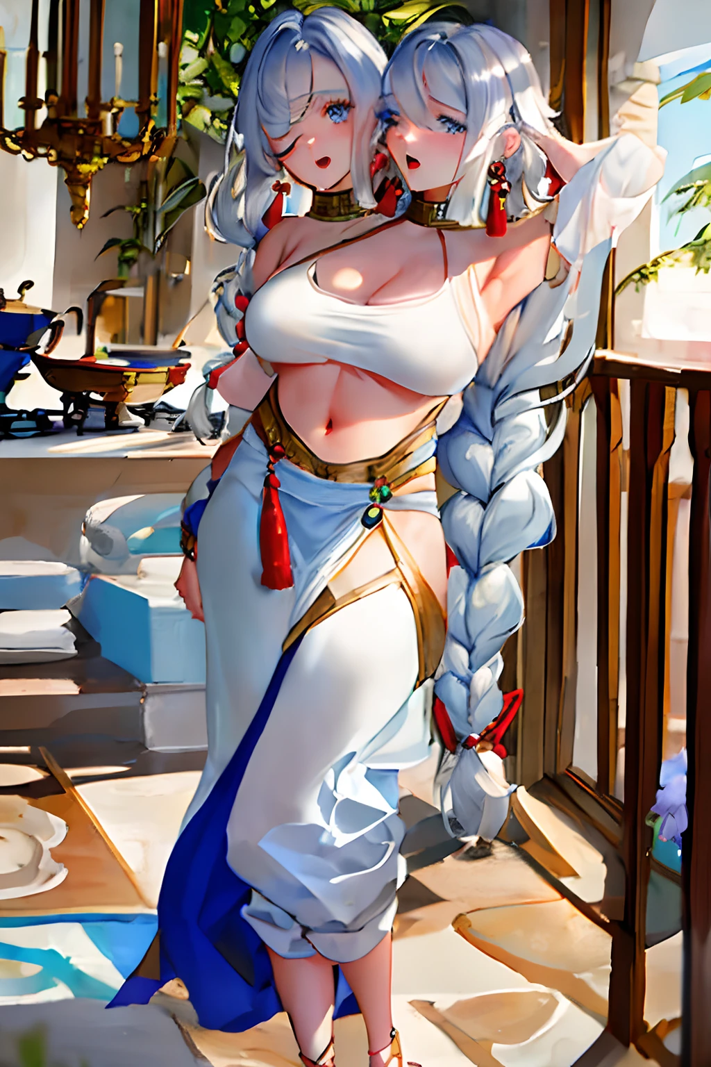 (masterpiece, best quality), best resolution, (2heads:1.5), 1girl,shenhe character, long hair, blue eyes, bangs, hair over one eye, hair reaching the floor, one eye closed, all other eyes open, open mouth, light blue t-shirt, tan pants, hand on forehead, apartment kitchen, white hair, tassel, earrings, very long hair, braid, breast curtain, 1girl, looking at viewer, bare shoulders, portrait, parted lips, tassel earrings