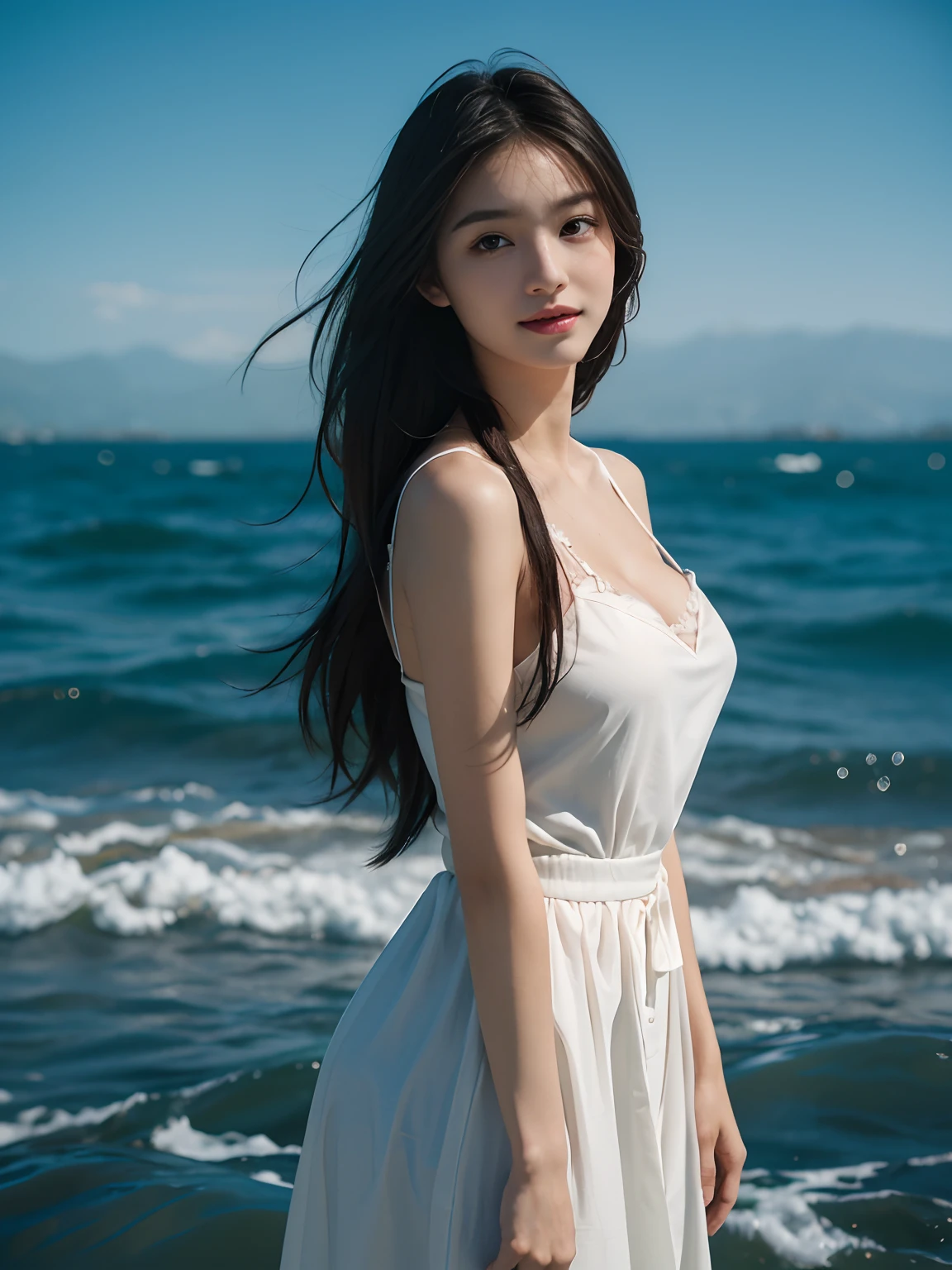 best qualtiy,tmasterpiece,超高分辨率,(真实感:1.4),RAW photogr,1girll,long whitr hair,Face Highlighting,Pure,Girly,Flushing,18yr old,18-year-old smiling female classmate,Pure,Innocent,(best qualtiy,8K,tmasterpiece:1.3),Goose egg face,largeeyes,long eyelasher,Exquisite(live-action realistic style),Star-like eyes,Ultimate face,Photorealistic light and shadow,Clear facial features,Milky white skin,Fair skin, highdetailskin, Realistic skin details, Visible Pore,(Super detail),(perfect bodies:1.1),long whitr hair,(dynamicposes),((Dynamic background((volumettic light:1.3)),huge tit,deep v big breasts,Khaki coat,Black leather boots,alps,snow mountains,liberta,Dashing,long leges,Shunguang