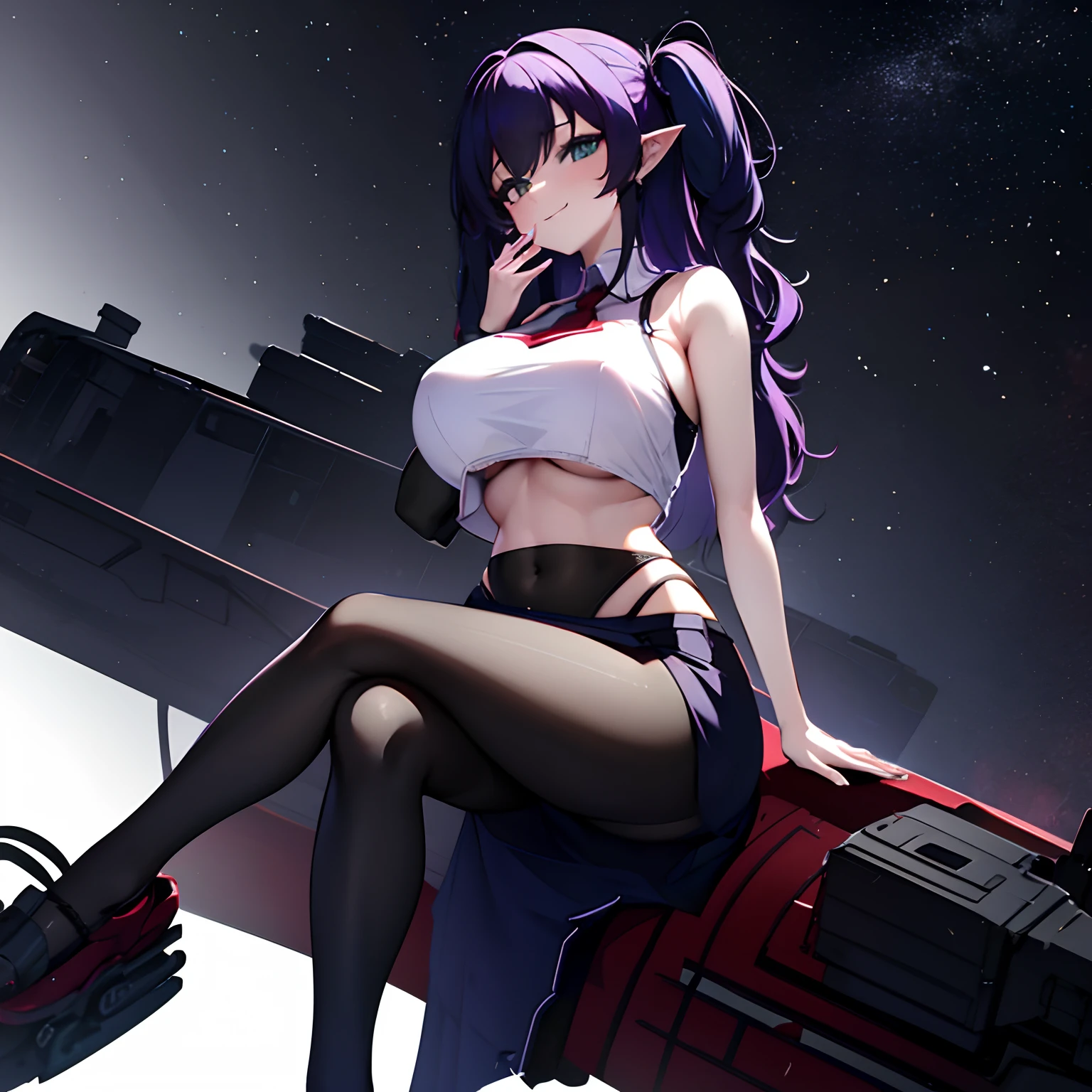 1 girl, solo, Houshou_Marine, huge large breasts, blue hair, long pointy ears, long hair, let down hair, sidebangs, hair between eyes, wavy hair, starry green eyes, wide hips, curvy waist, thick thighs, breasts pressed together, tight bra, visible bra, crop_top, tactical table, pencil skirt, black stockings, sitting on table,crossed legs, smirk, alien-like command environment, tempting pose, smug