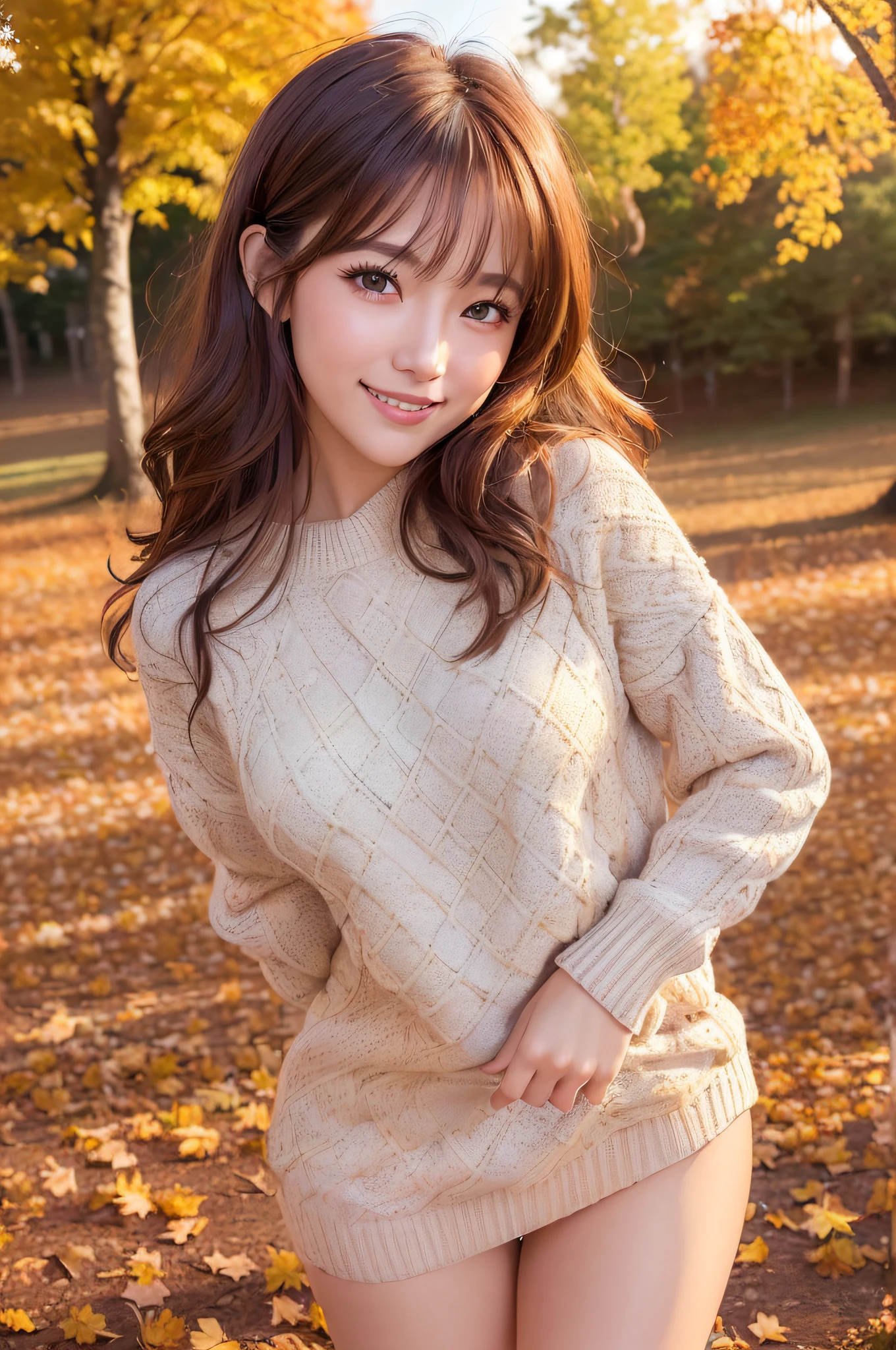 (Highly detailed CG Unity 8k wallpaper, top quality, ultra-detailed, high resolution, masterpiece, realistic, photorealistic:1.5), (cute Japanese girl), extremely detailed face, face focus, beautiful detailed eyes, eye focus, (detailed background), detailed clothes, super detailed skin, (oversized (argyle-patterned) knit sweater:1.46), (beautiful leg lines in a miniskirt:1.4), break, (beautiful autumn foliage:1.3), (golden season shining:1.2), (arrival of autumn:1.3), (magic hour ambiance:1.4), (autumn fantasy:1.3), (twilight setting:1.3), (soft, warm lighting:1.3), midi wavy hair, brown hair, floating hair, medium breast, medium ass, (make up), (adorable smile:1.3), (POV:1.6),