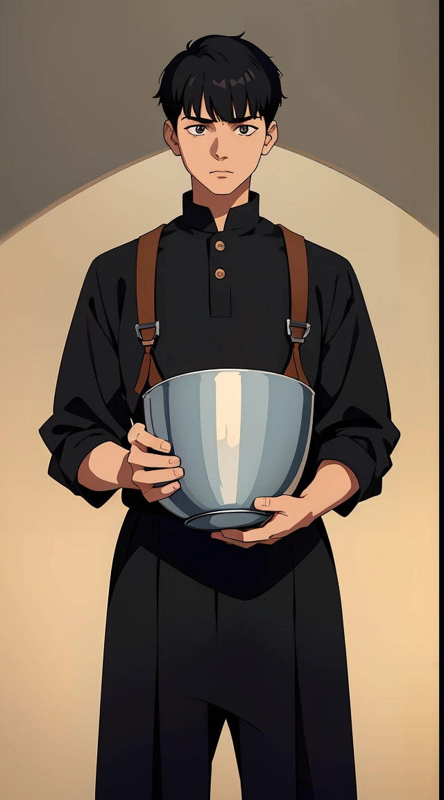 The subject is a young boy with black hair styled in a bowl cut. The hairstyle features faded sides. The boy is depicted standing upright. The overall appearance is characterized by the specific hairstyle and the straight, upright posture.