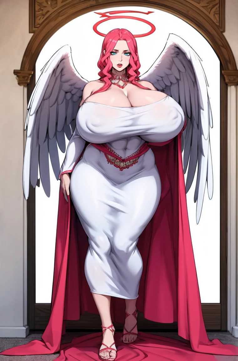 cheveux longs, cheveux roses, yeux bleus, Grande fille, enormous breast, long robe, ange, Angel wings, walking, , bimbo,, halo,, dress, victorian cloths, priestess ,red lips,, full body, flip flops ,skirt, long skirt