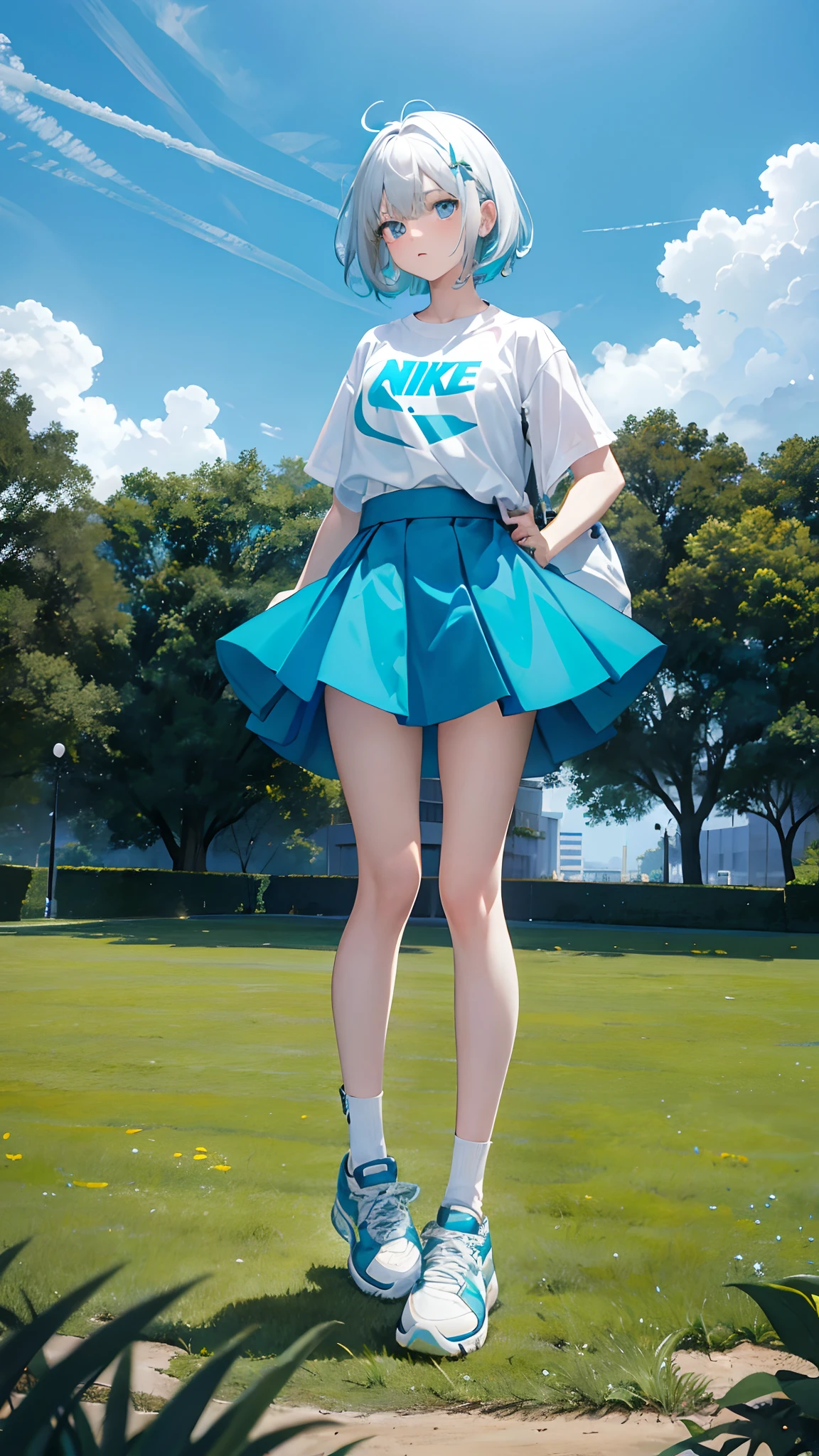 Levitating teen girl, blow up skirt, mini skirt, oversize shirt, white shirt, teal shirt, symmetric, dynamic pose, short hair, white hair, blue eye, messy hair, nike sneakers, grass field