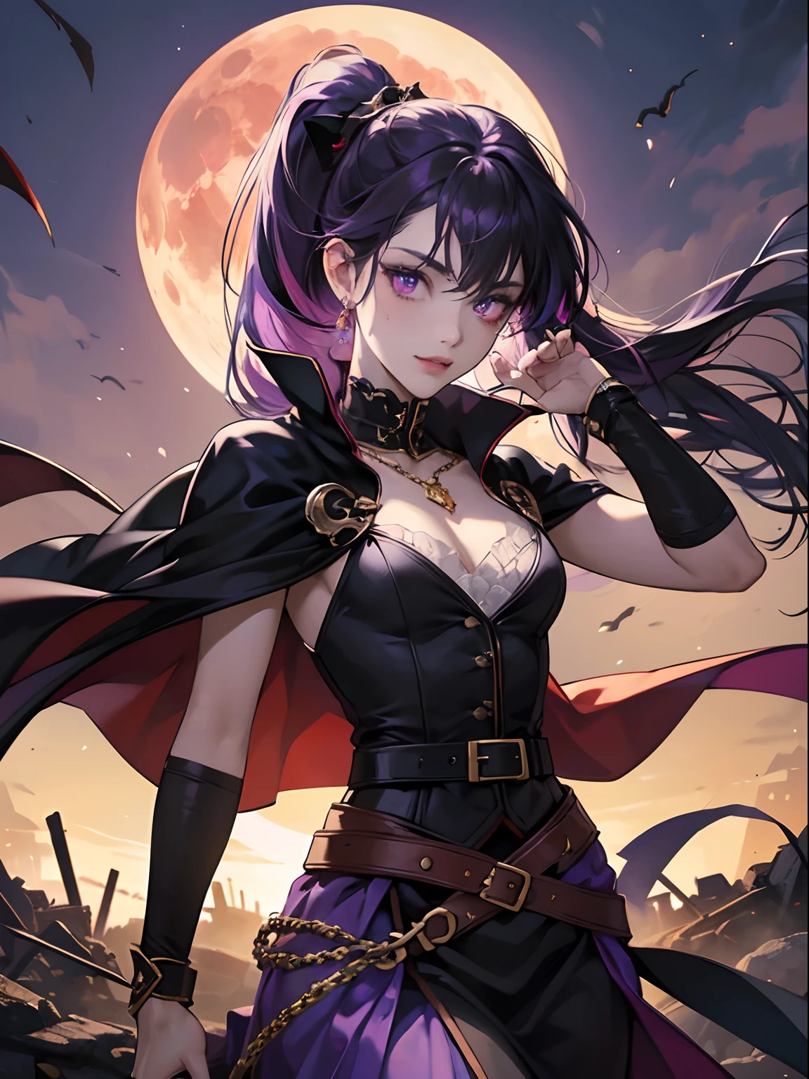 vampire queen, perfect body shape, small breast, battle skirt, (royal cape:1.1), main color is matte black, secondary color is purple, sexy and devil aura, original character, masterpieces, seducing purple pupil, (multi color high pony tail 1:1.2), walking under blood moon and middle of the destroyed city street, purple gem accessories, golden belt, golden necklace, windy and evil effect, soft moon light focus, corruption, extremely delicate and beautiful eyes, (detailed super oily shiny skin:1.1), messy bang, fangs