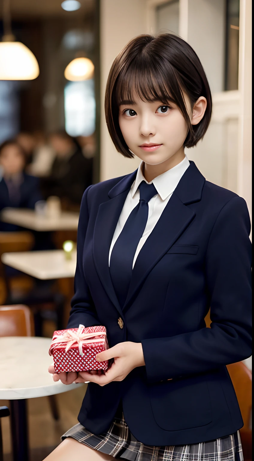 (Close-up portrait of a girl with short hair and thin small breasts in winter blazer uniform :1.5)、(Shy girl with a gift in her hand in a café at night:1.5)、(Blurry background,:1.5)、(Perfect Anatomy:1.3)、(complete hands:1.3)、(complete fingers:1.3)、Photorealsitic、Raw photography、masutepiece、top-quality、hight resolution、delicate and pretty、face perfect、Beautiful detailed eyes、Fair skin、Real Human Skin、((thin legs))、(Dark hair)