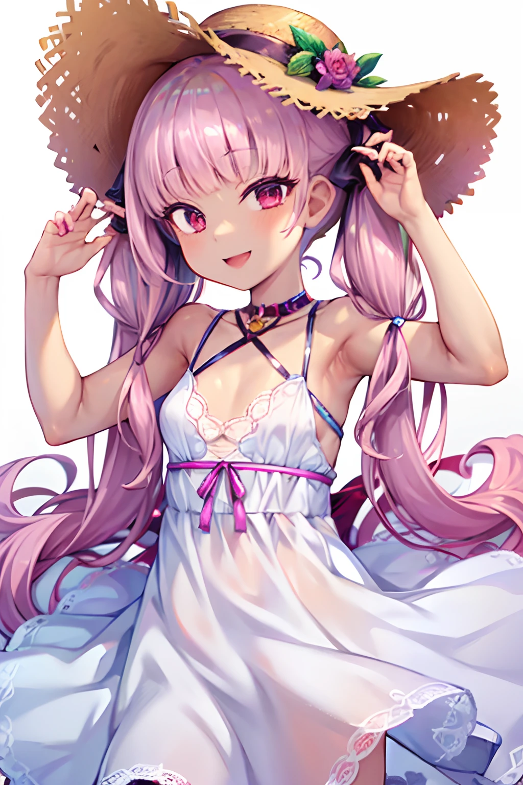 1girl, solo, pink hair, twintails, blunt bangs, smile, upper body, simple background, white dress, one-peice dress, straw hat