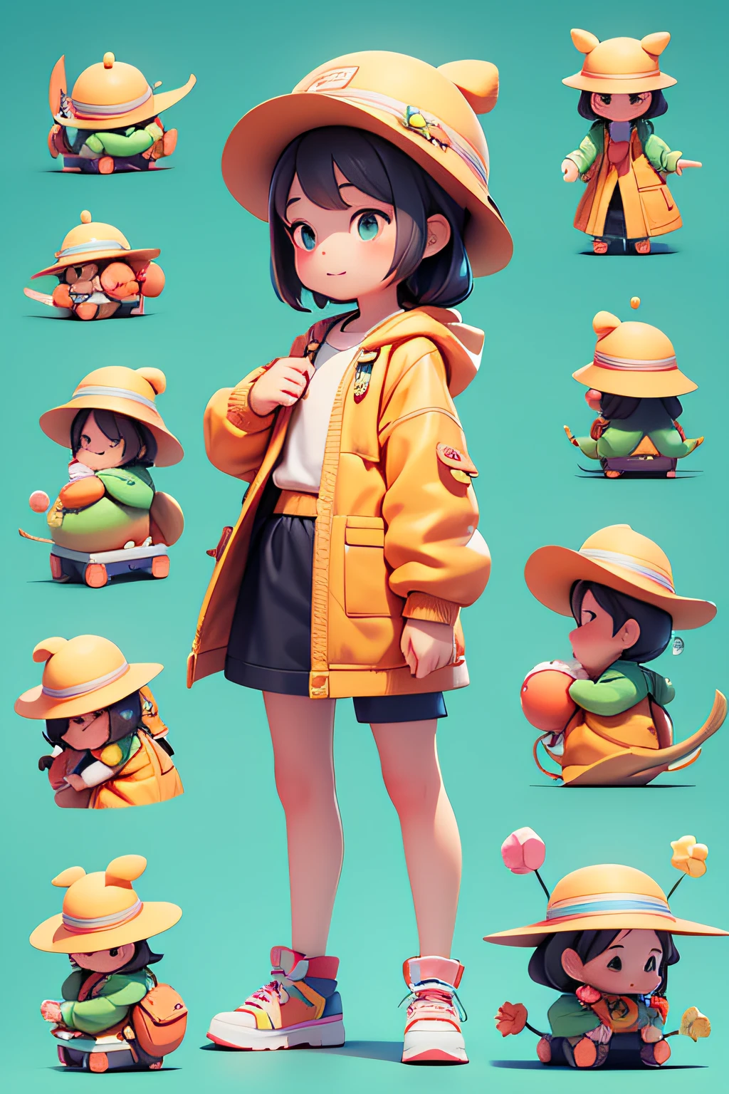 A wearing a hat, hold the friuts,green,Bubble Mart style, clean and simple design, IP image, advanced natural color matching, bright and harmonious, lovely and colorful, detailed character design, Behance, Shanghai style, organic sculpture, C4D style, 3D animation style character design, cartoon realism, funny character design, ray tracing, children's book illustration style,three views of a cartoon image, enerate three views, namely the front view, the side view and the back view, maintaining consistency and unity