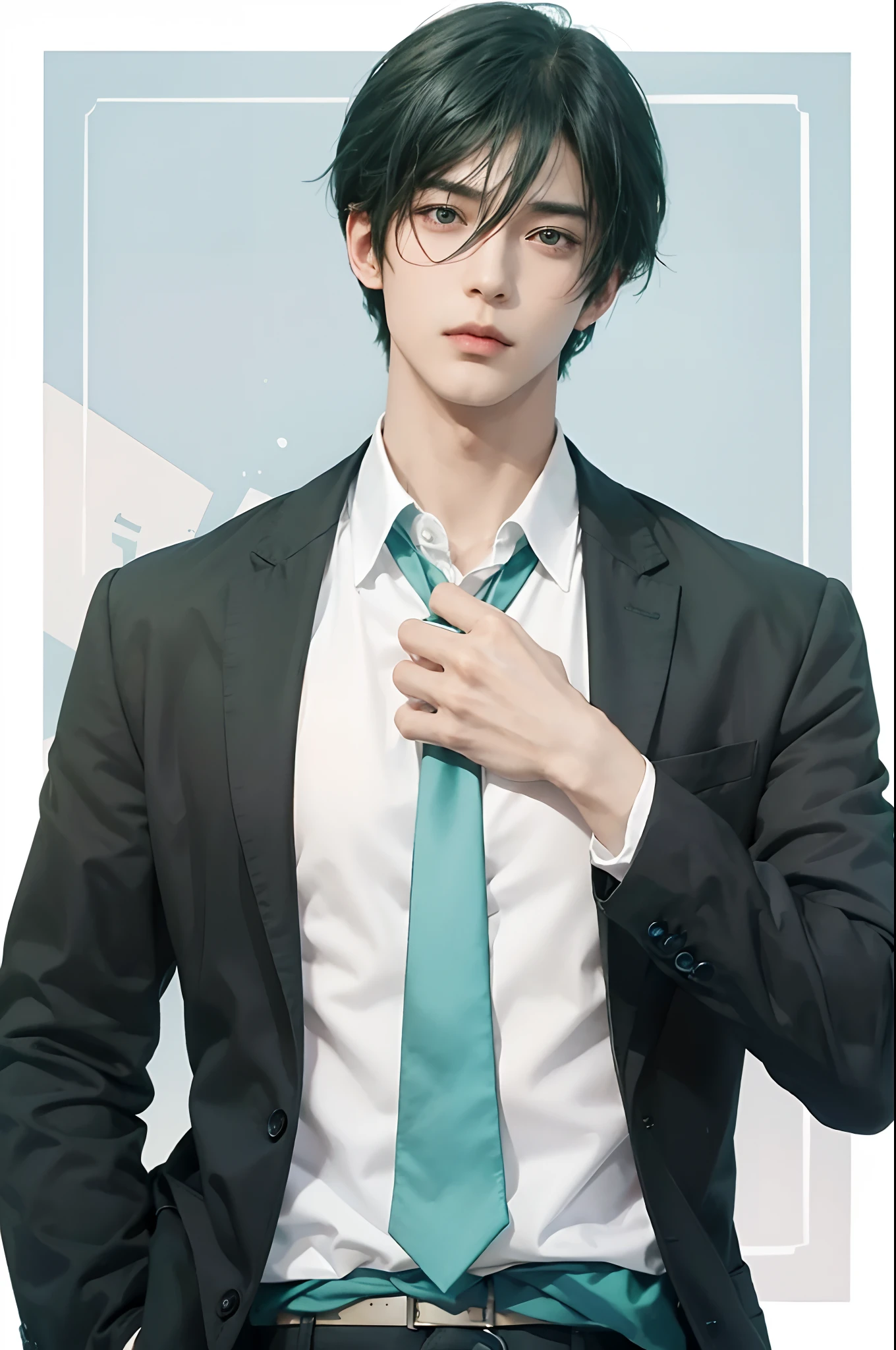 1men , rin itoshi in blue lock , black hair , green eyes, handsome, realistic clothes, detail clothes, simple background, ultra detail, realistic,