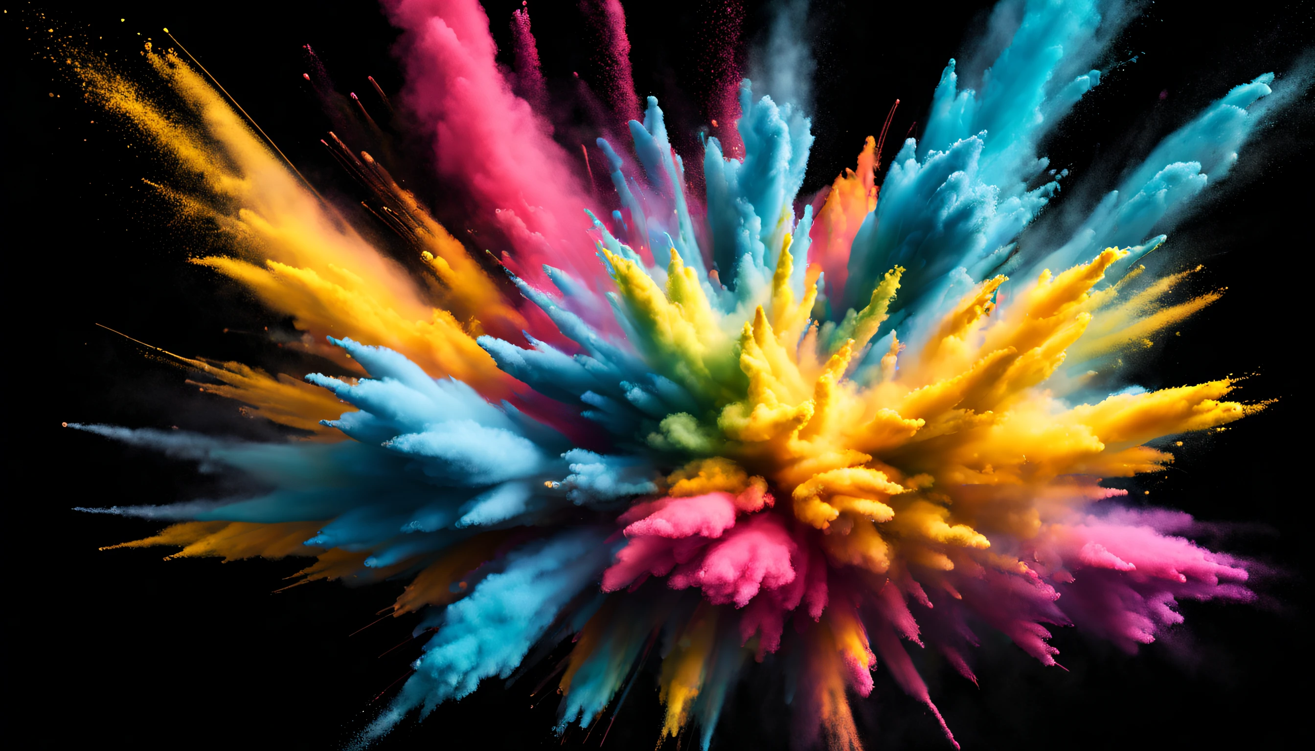 A burst of colored powder explosions against a stark black background