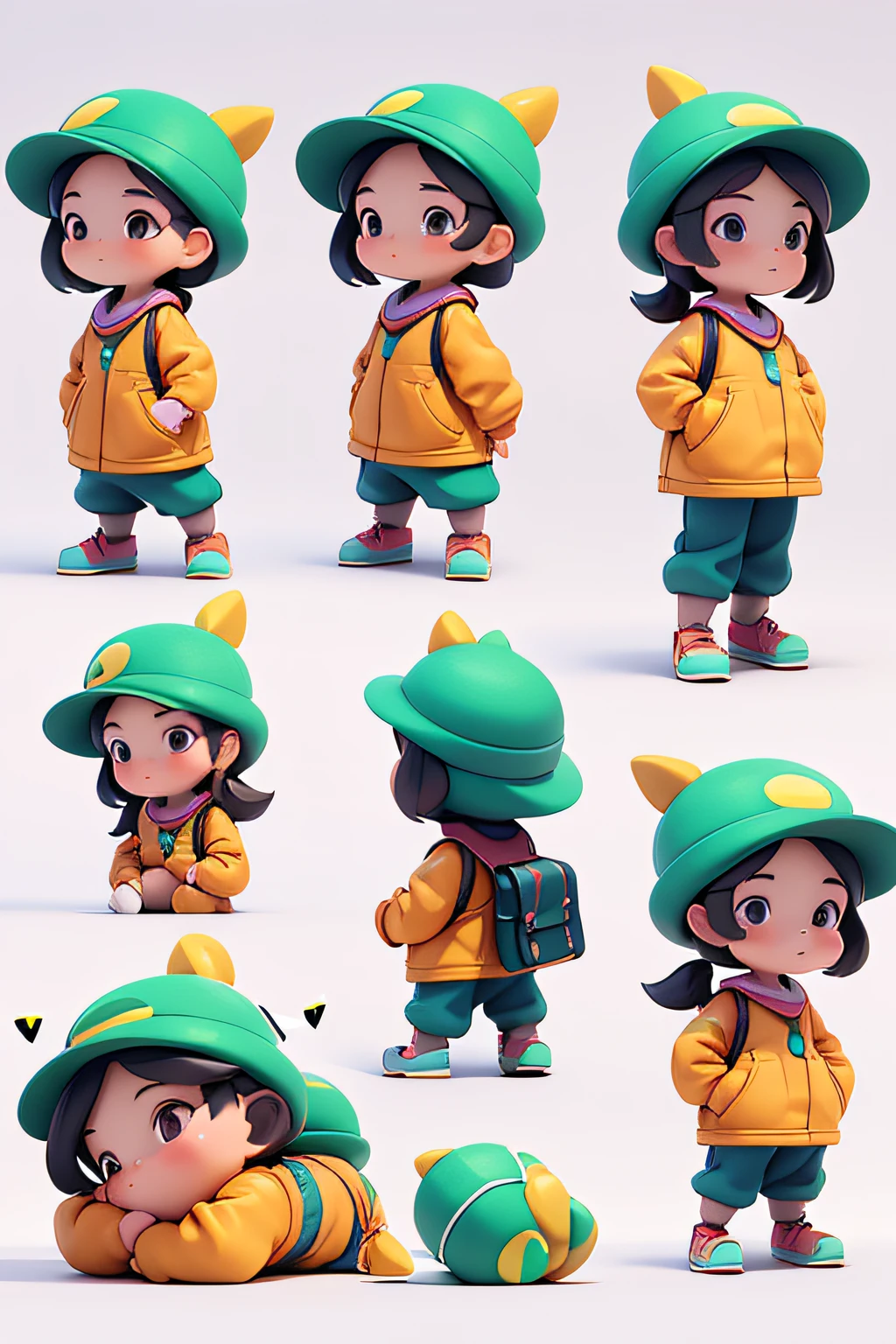 A wearing a hat, hold the friuts,green,Bubble Mart style, clean and simple design, IP image, advanced natural color matching, bright and harmonious, lovely and colorful, detailed character design, Behance, Shanghai style, organic sculpture, C4D style, 3D animation style character design, cartoon realism, funny character design, ray tracing, children's book illustration style,three views of a cartoon image, enerate three views, namely the front view, the side view and the back view, maintaining consistency and unity