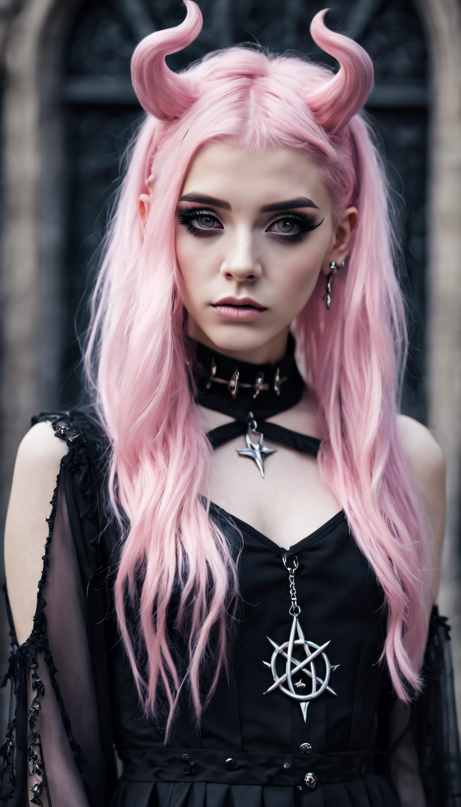 A barefoot young adult female model with pastel pink hair, 20-years-old, reflecting a sultry gothic satanic e-girl style wardrobe. diverse hairstyle that complement the alt/gothic aesthetic, . urban gothic, outdoor scene, fashionable ambiance. Happy, maintaining an aura of mystery and modern witchcraft. UHD, 16k, professional photo