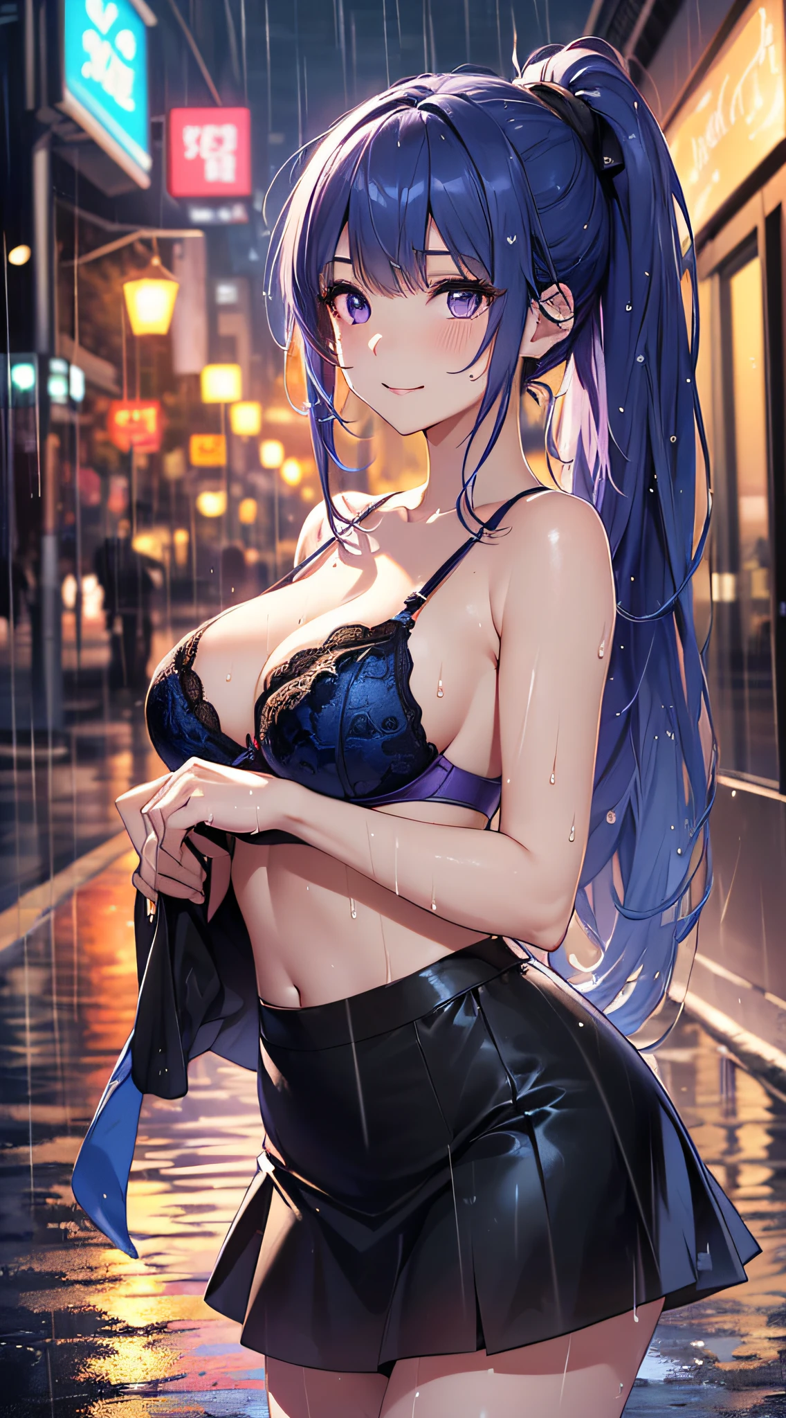 top-quality、Top image quality、masterpiece、girl with((18year old、Best Bust、big bast,Beautiful purple eyes、Breasts wide open, Blue hair ponytail、A slender、Large valleys、、Reflecting the whole body、Red face、Shining eyes、White Y-shirt、Black bra、a black skirt、Undressing Pose、A slight smil、Leaning forward、getting wet))hiquality、Beautiful Art、Background with((In front of the hotel at night、Very heavy rain)))、,masutepiece、visualart、depth of fields、
