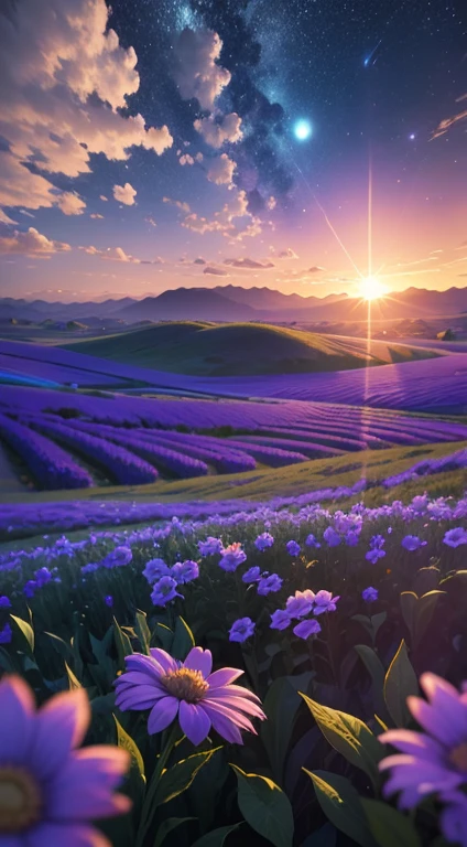 Ultra realistic 8k picture,space, blue flower field, evening time, sunset, colourful details