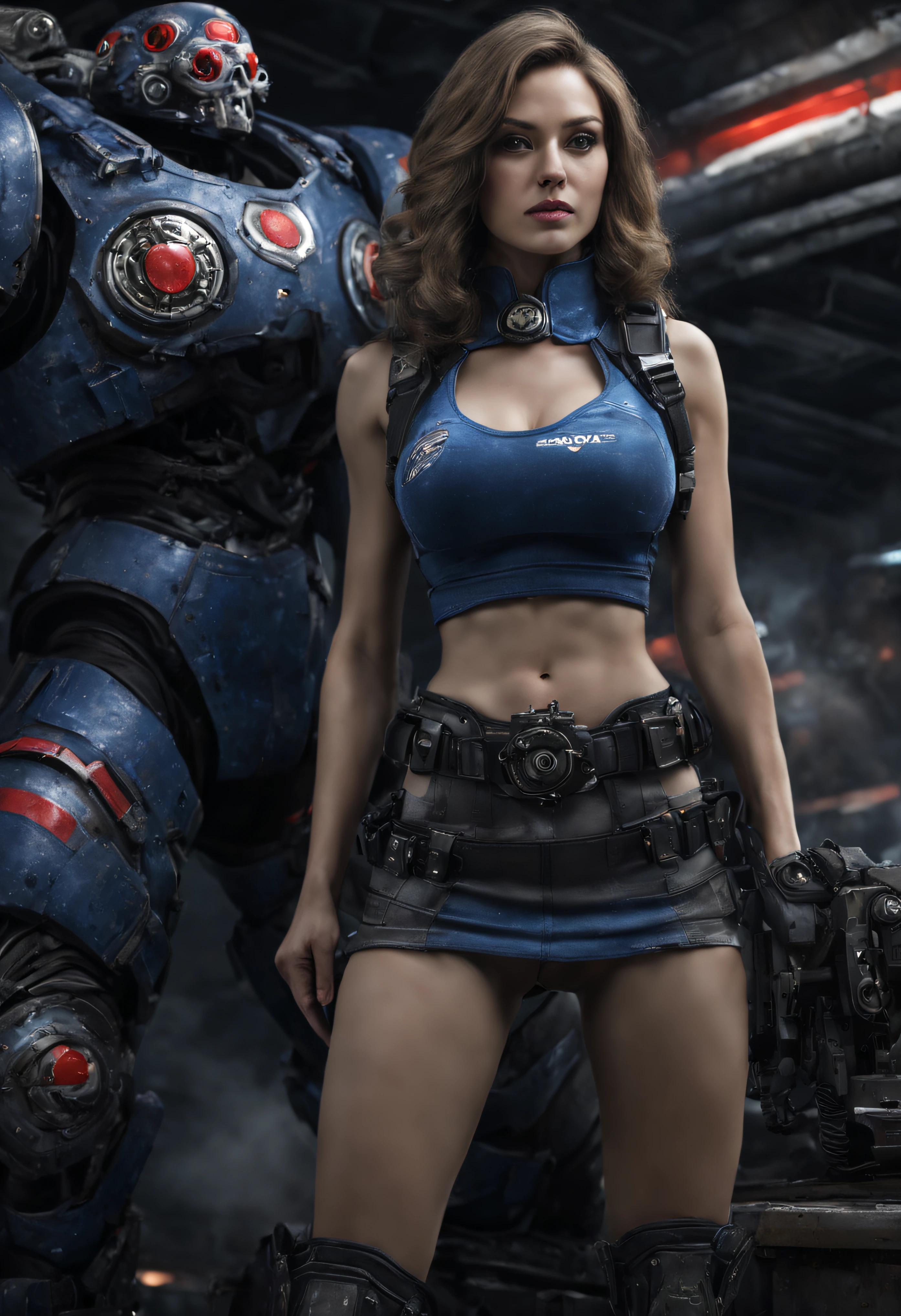 una joven bella,exuberante, imponente, japonesa, musculos bien definidos, ((cuerpo completo)), con uniforme espacial sofisticado tecnologicamente,con toque de gears of war, sexy con minifaldas, se encuentra, en un amplio salon del centro de control de una spacecraft, con gran tecnologia instrumental, ordenadores, luces indicadoras led de diferentes colores, terminal de computadora, servidores de computadoras, pantallas lcd, algun robot sentado manejando estos ordenadores, y con un amplio ventanal donde se ve el espacio , estrellas , nebulosas, en un entorno de ciencia ficcion de primer nivel, ,todo lleno de imaginacion, ciencia ficcion y (intrincados detalles de la maquina).imagen fotorrealista, nitidez maxima, calidad 8k.(obra maestra de calidad superior).(renderizado 3d). ((obra maestra de superior calidad)).