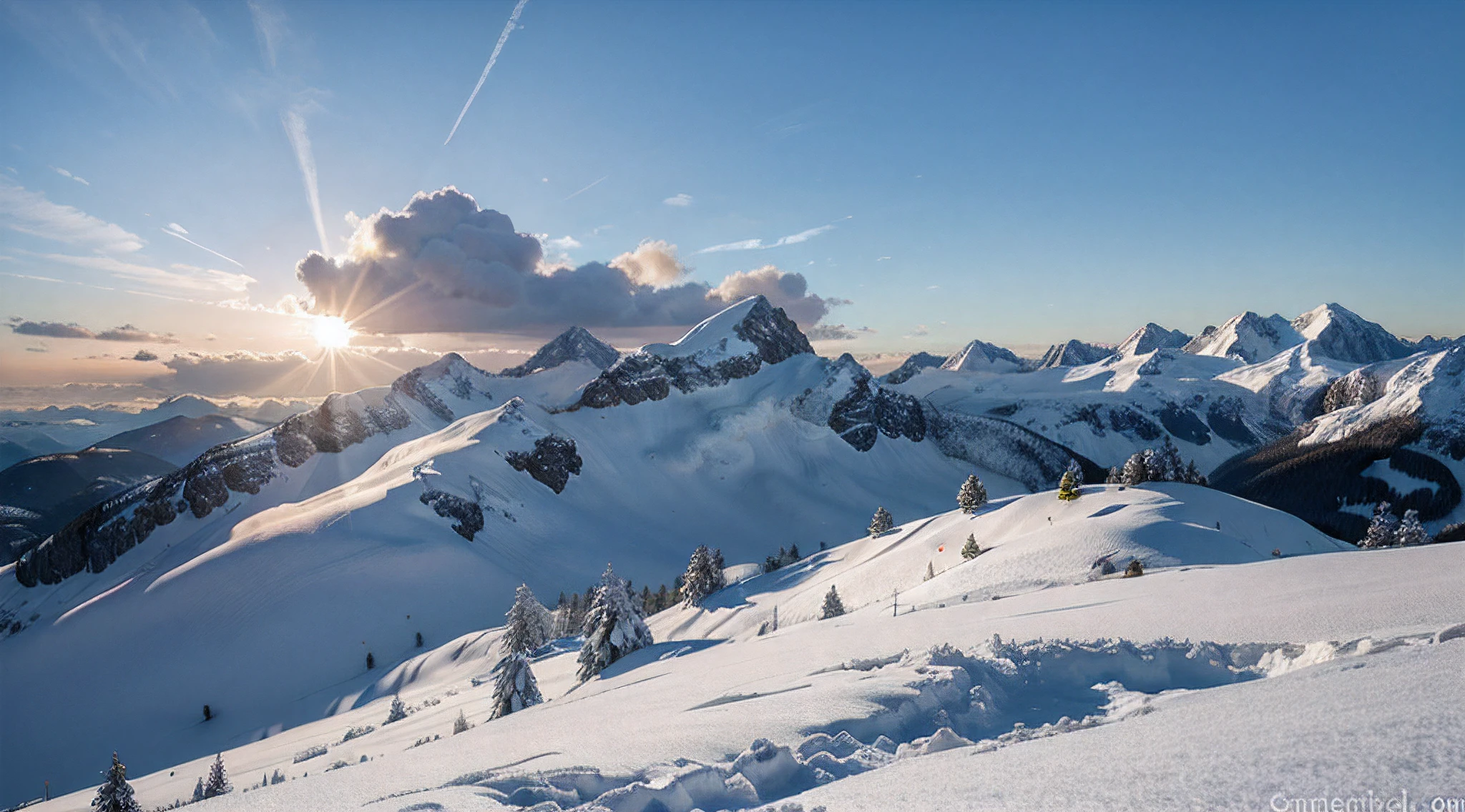 Montagnes de neige Superbe vue nuage Le soleil couchant