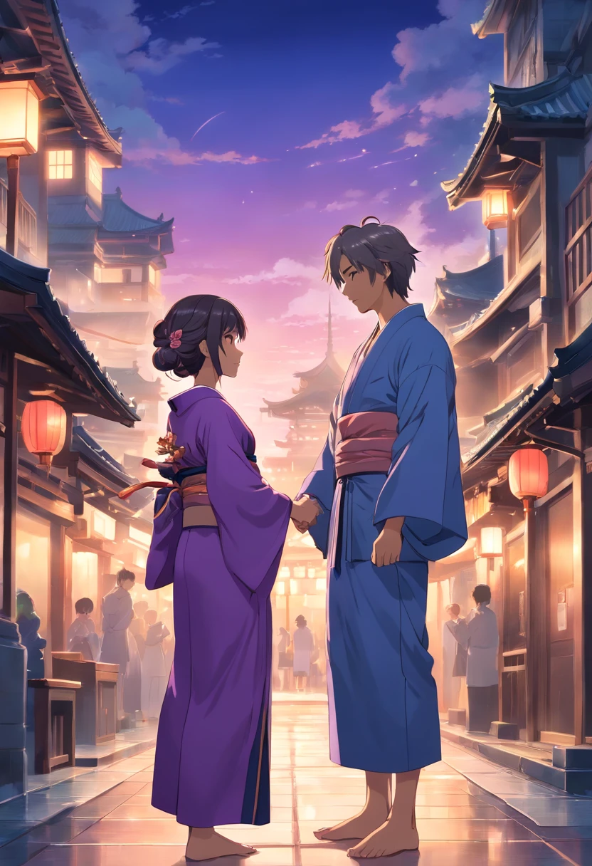Grey long-haired man,Woman in purple kimono,evening,facing each other,stare at each other,castle town,Unrequited love,Heartbreaking love,Premonition of parting,Warring states period