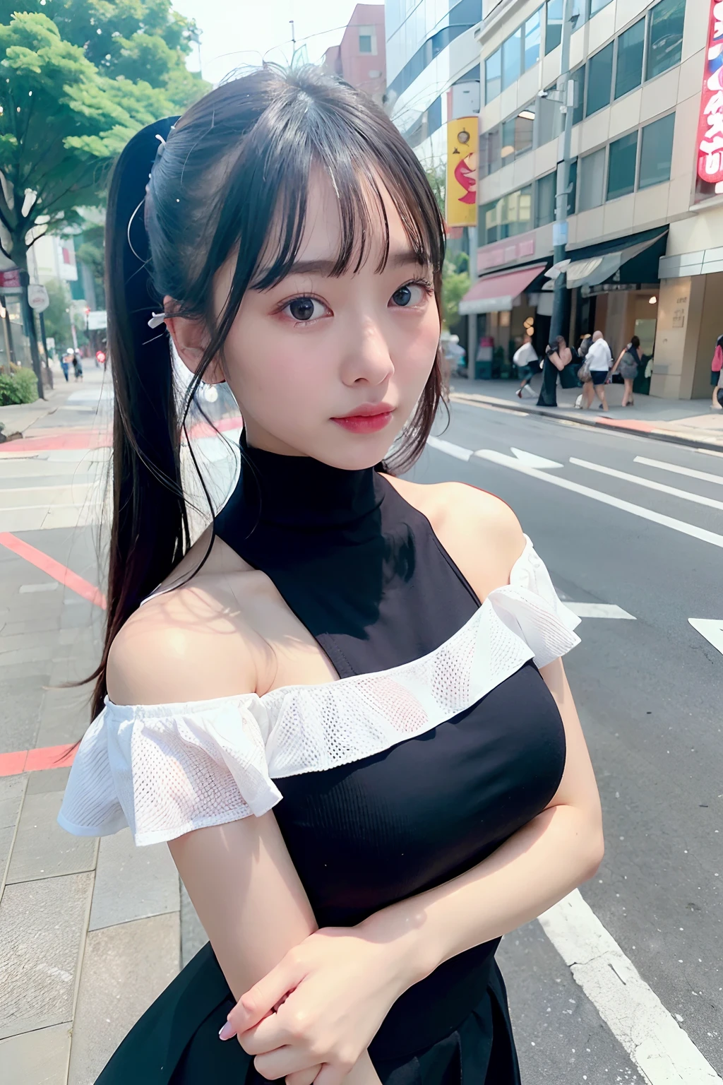 top-quality、超A high resolution、(Photorealsitic:1.4)、1人、Off-shoulder white shirt、Black tight skirt、Black Choker、(faded ash gray hair:1)、(huge-breasted:1.2)、looking at viewert、a closeup、in a street, natta, Neon light,
