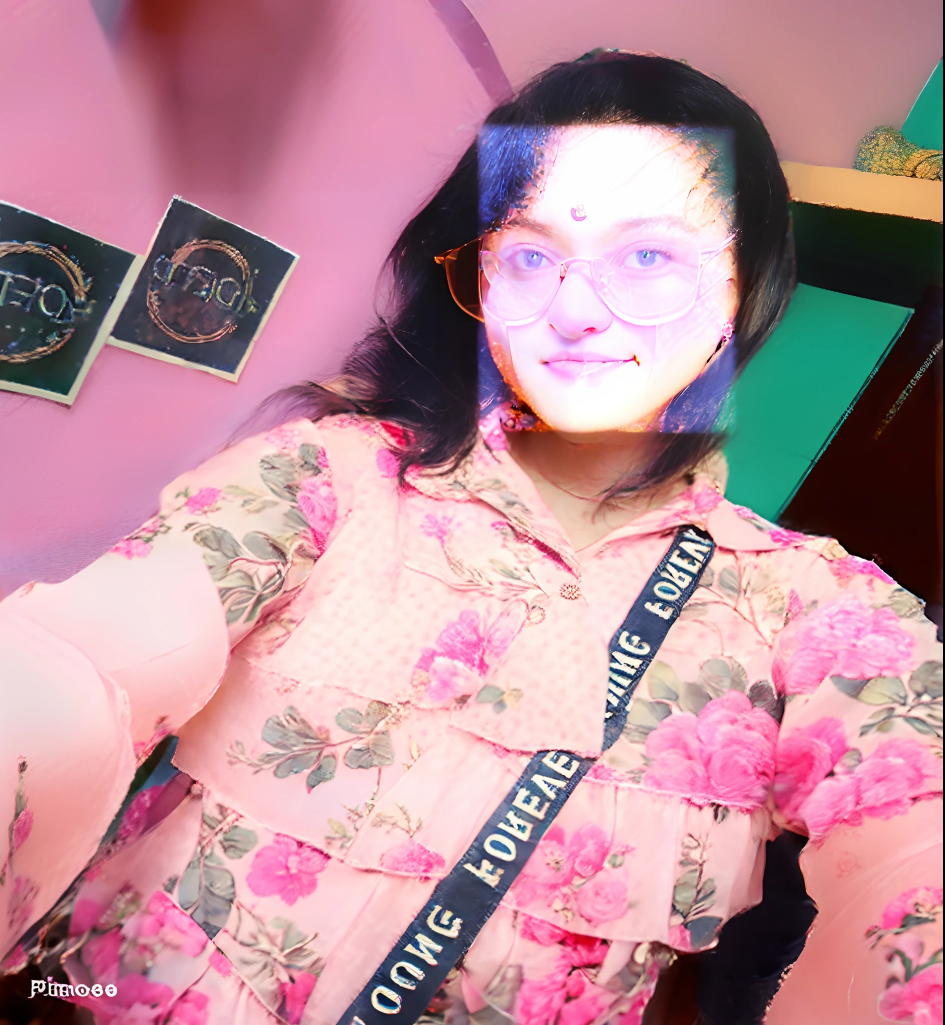 there is a woman wearing a pink shirt and glasses posing for a picture, with accurate face, profile pic, with lovely look, wearing pink floral gown, with sunglass, dang my linh, 2 2 years old, assamese aesthetic, lovely woman, with glasses, very very low quality picture, 2 3 years old, profile image, student