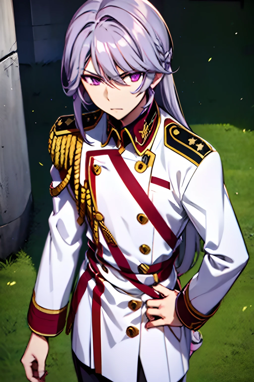 a-drei, valvrave,military Uniform, shirt, school, purple eyes, long hair, gray hair