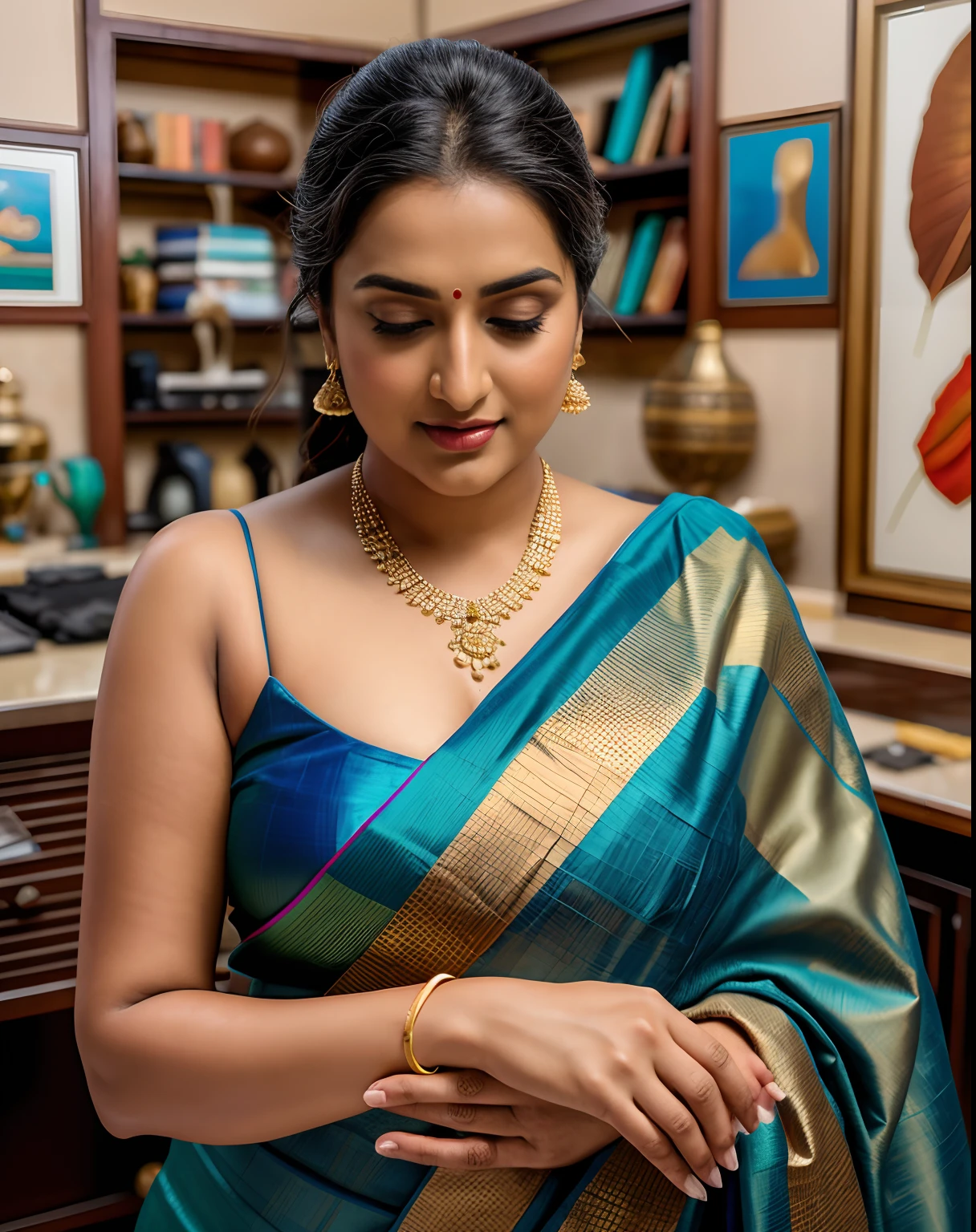 Foto RAW, photorealistic, photography, full body shot, master shot, goddess like beauty, perfect thick chubby mallu Desi aunty bhabhi, Wearing a Stanapatta, a chest-band.Saree model, model Photography, Indian saree shoot, Indian traditional wear advertising photography, traditional wear brand shoot, face of Indian actress Sonakshi Sinha, masterpiece, realistic, realism, incredible details, sensual pleasure, photorealism, detailed skin, skin pores, high contrast, photorealistic Artstation 8k HD digital art trend of high definition and detailed realistic skin texture, ultra detail, realistic skin texture, armature, best quality, ultra high definition, (photorealistic:1.4),, high resolution, detail, raw photo, Re sharp, by Lee Jefferies Nikon D850 Film Stock Photo 4 Kodak Portra 400 Camera F1.6 Lens Rich Color Ultra Real Realistic Realistic Textures Dramatic Lighting Unreal Engine Trending at Art Station Cinestill 800,(pele altamente detalhada: 1.2), 8k UHD, DSLR, soft-lighting, alta qualidade, grain of film, Fujifilm XT3,she didn't like to wear blouse or bra, she is happy to wear only saree, she hates blouse or bra,