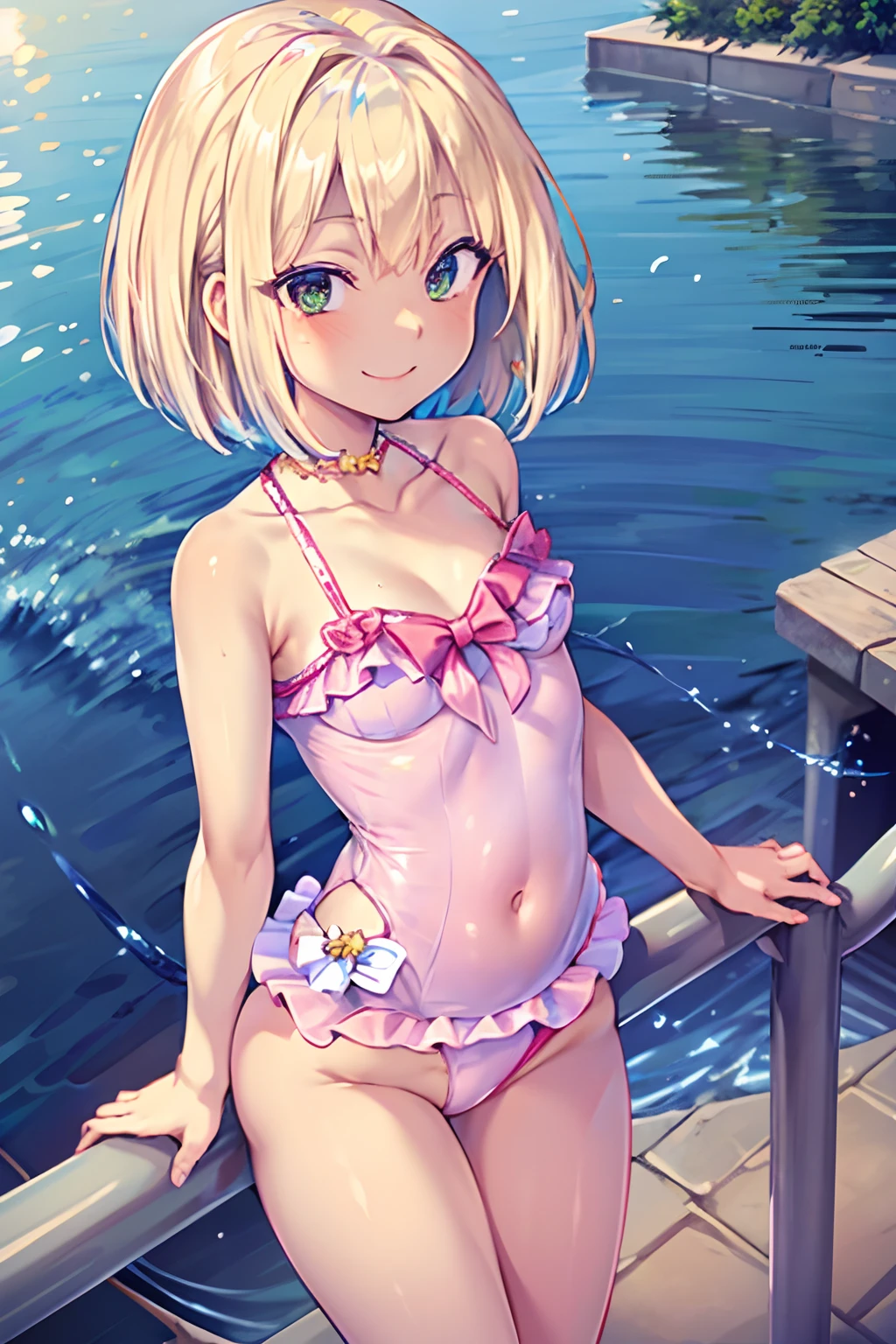 1girl, solo, blonde hair, bob cut, bangs, smile, upper body, seaside, one-piece swimsuit, sukumizu,