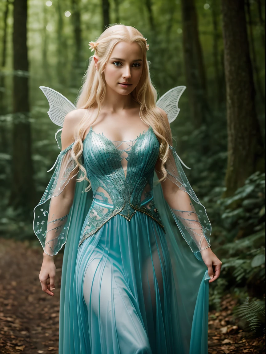 1girl, solo, (Sexy Fairy),{{{masterpiece}}}, {{{hyper detailed}}}, {{{best quality}}}, {{{8k resolution}}}, {{delicate}}, {beautiful detailed eyes}, detailed face, ((( sharp image ))), portrait of a  (fantasy fairy woman), half-smile, (erotic translucent dress),concept art, fantasy, (((lord of the rings style))), elegance, Enchanted Forest background, photograph, depth of field, bokeh, colored, thick forest in the background, by Dan Winters, Russell James, Steve McCurry, centered, extremely detailed, Nikon D850, award winning photography, (((16K))), dkttlr
