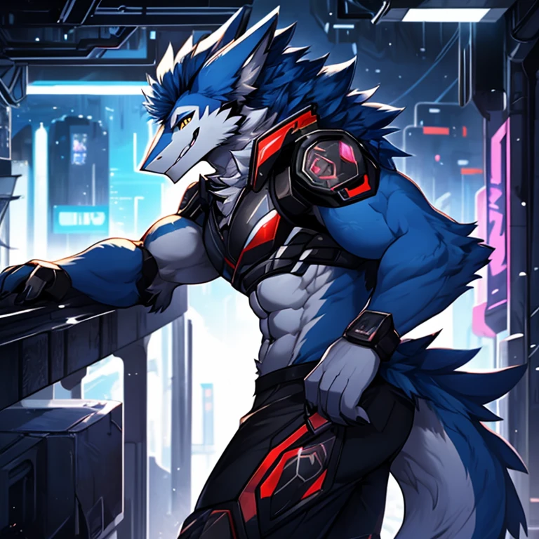 Giant anthropomorphic furry sergal character is Naked,  ripped abs, muscular body, Naked, big penis, balls, black and white fur, bright electric blue mohawk, hands behind head, toothy seductive grin, cyberpunk interior background, scenic, best quality, looking at viewer, side-view mechacore