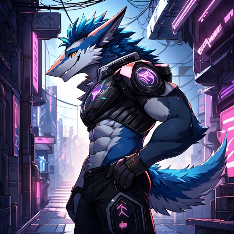 独奏，Male，Huge anthropomorphic furry Sergal characters，Wear only black shorts, ripped abs,, Black and white fur, Bright blue mohawk, A toothy and seductive smile, Cyberpunk interior background, scenic, Best quality, view the viewer, the sideview, Mecha core