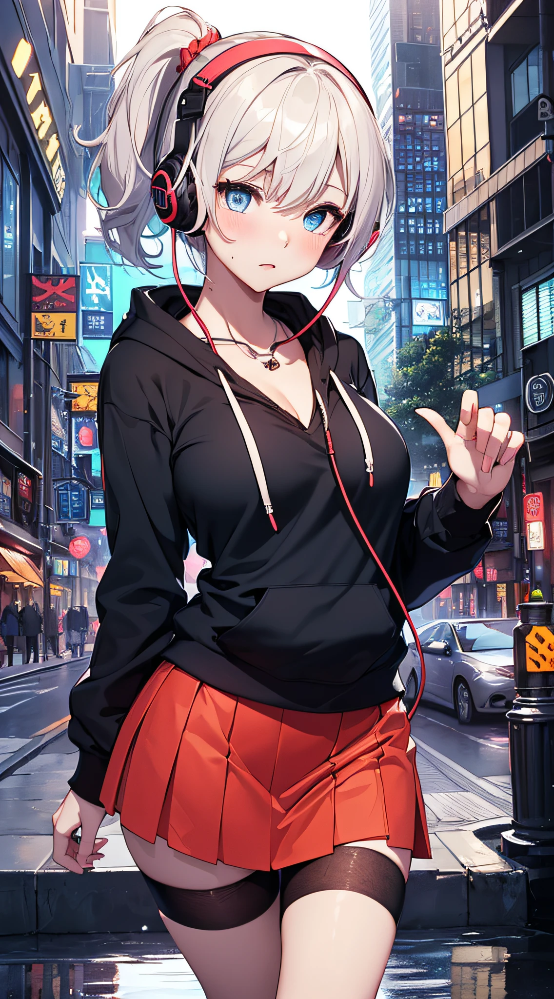 top-quality、Top image quality、masterpiece、girl with((18year old、Best Bust、big bast,Beautiful blue eyes、Breasts wide open, blue ponytail、A slender、Large valleys、Reflecting the whole body、Red face、Shining eyes、Headphones on the head,Black hoodie、Black short skirt、head phone、))hiquality、Beautiful Art、Background with((A city that shines at night)))、,masutepiece、visualart、depth of fields、