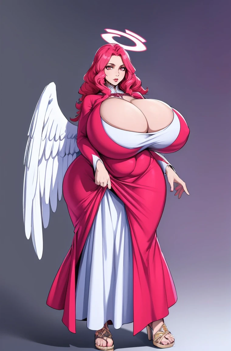 cheveux longs, cheveux roses, yeux bleus, Grande fille, enormous breast, long tunic,,long dress, ange, Angel wings, walking, , bimbo,, halo,, dress, victorian cloths, priestess ,red lips,, full body, flip flops ,skirt, long skirt