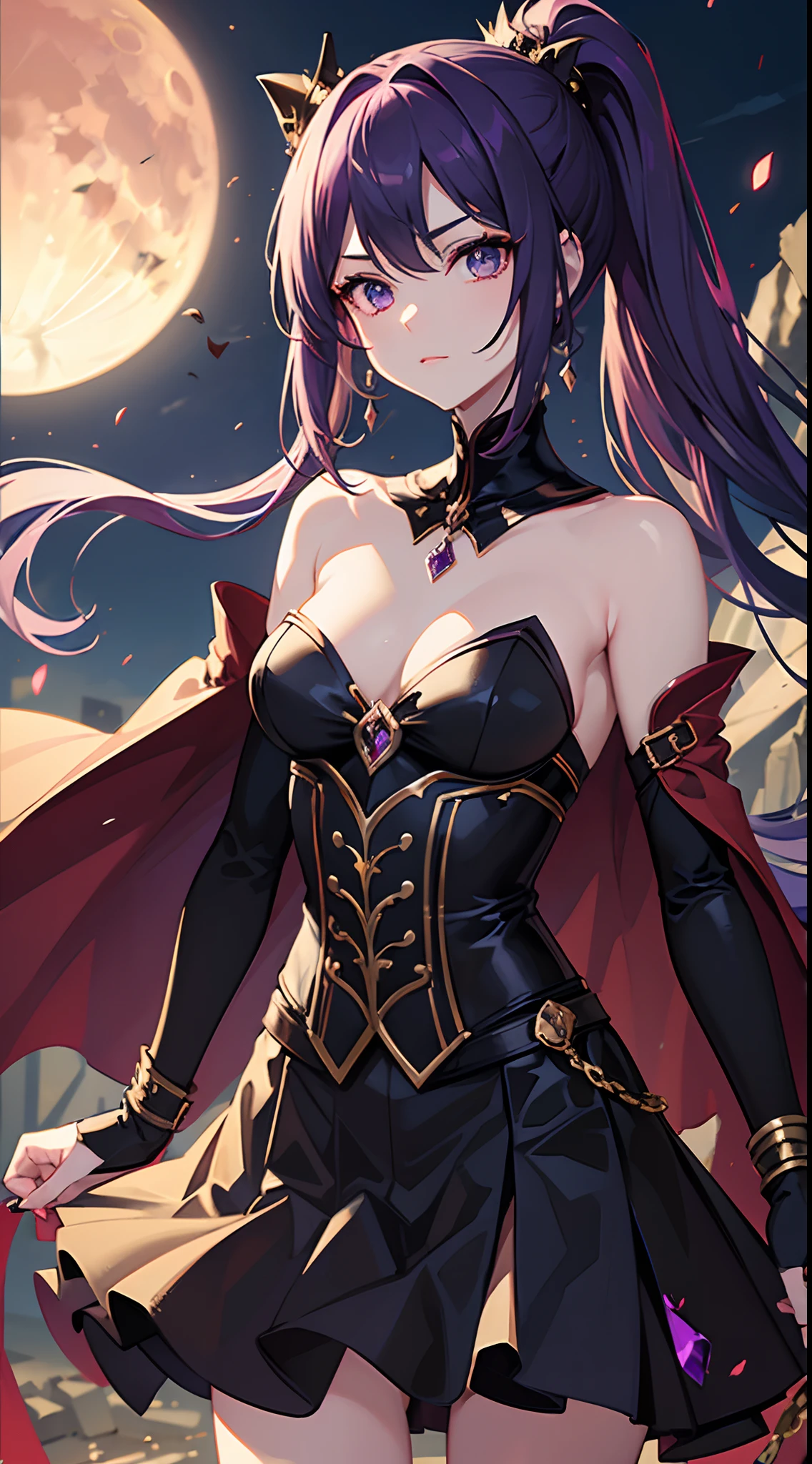 vampire queen, perfect body shape, small breast, battle skirt, (royal cape:1.1), main color is matte black, secondary color is purple, sexy and devil aura, original character, masterpieces, seducing purple pupil, (multi color high pony tail 1:1.2), walking under blood moon and middle of the destroyed city street, purple gem accessories, golden belt, golden necklace, windy and evil effect, soft moon light focus, corruption, extremely delicate and beautiful eyes, messy bang, unique crown