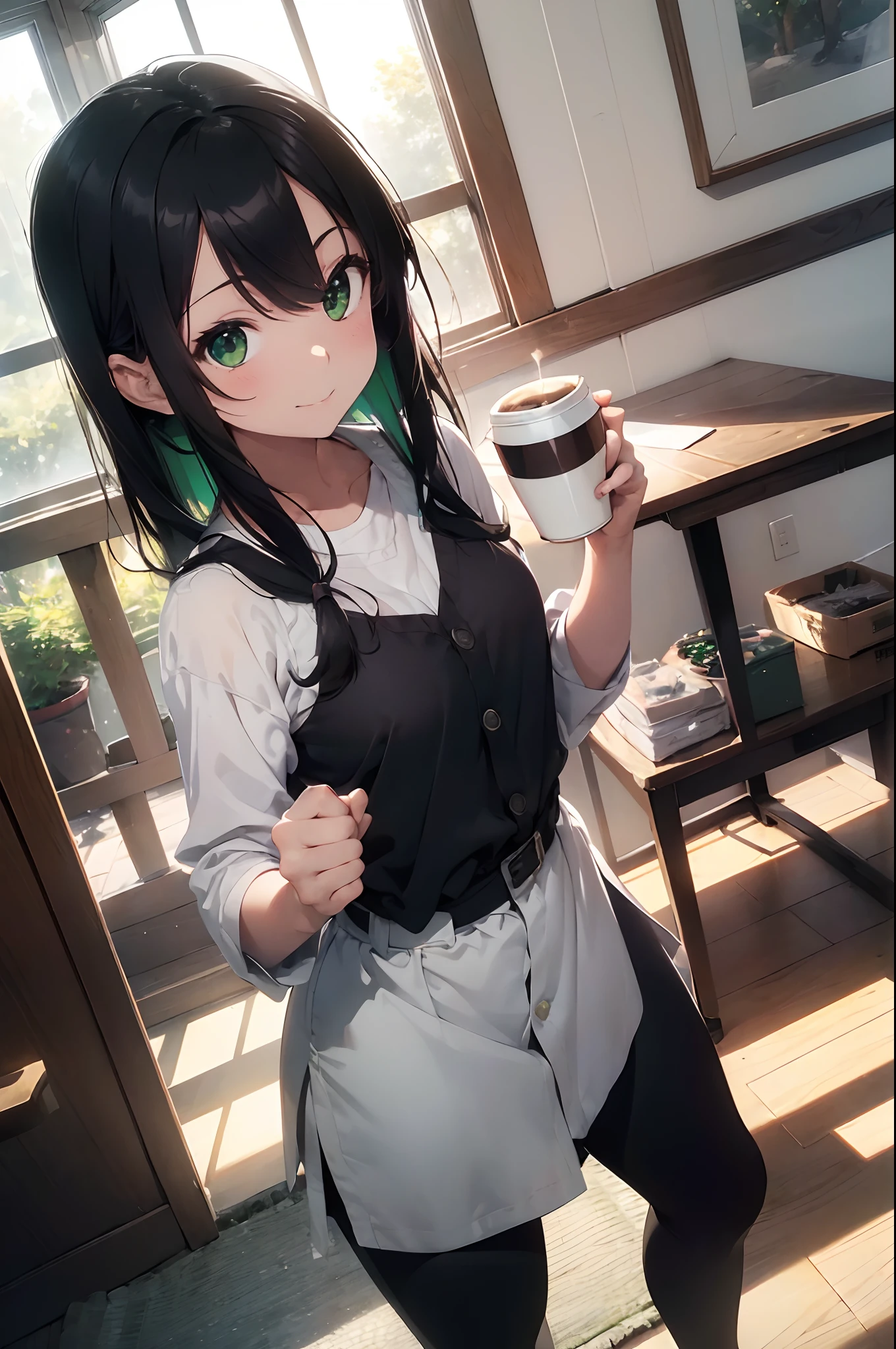 (((masterpiece, photo realistic))),1 girl, round green eyes, (jet-black long hair, colored inner green, split color:1.21), antenna hair, Fetishes, great smile, short hem white shirt_dress, black tucked pants, put hands on the hip, Sagged ears, Warm lighting, Blurred foreground, Pose for a self-photo, low angle, from below, (subjective perspective), (light shadow symmetry), (particle light, natural light, rays, reflections, shadows, ray tracing: 1.1), (holding coffee cup:1.3).