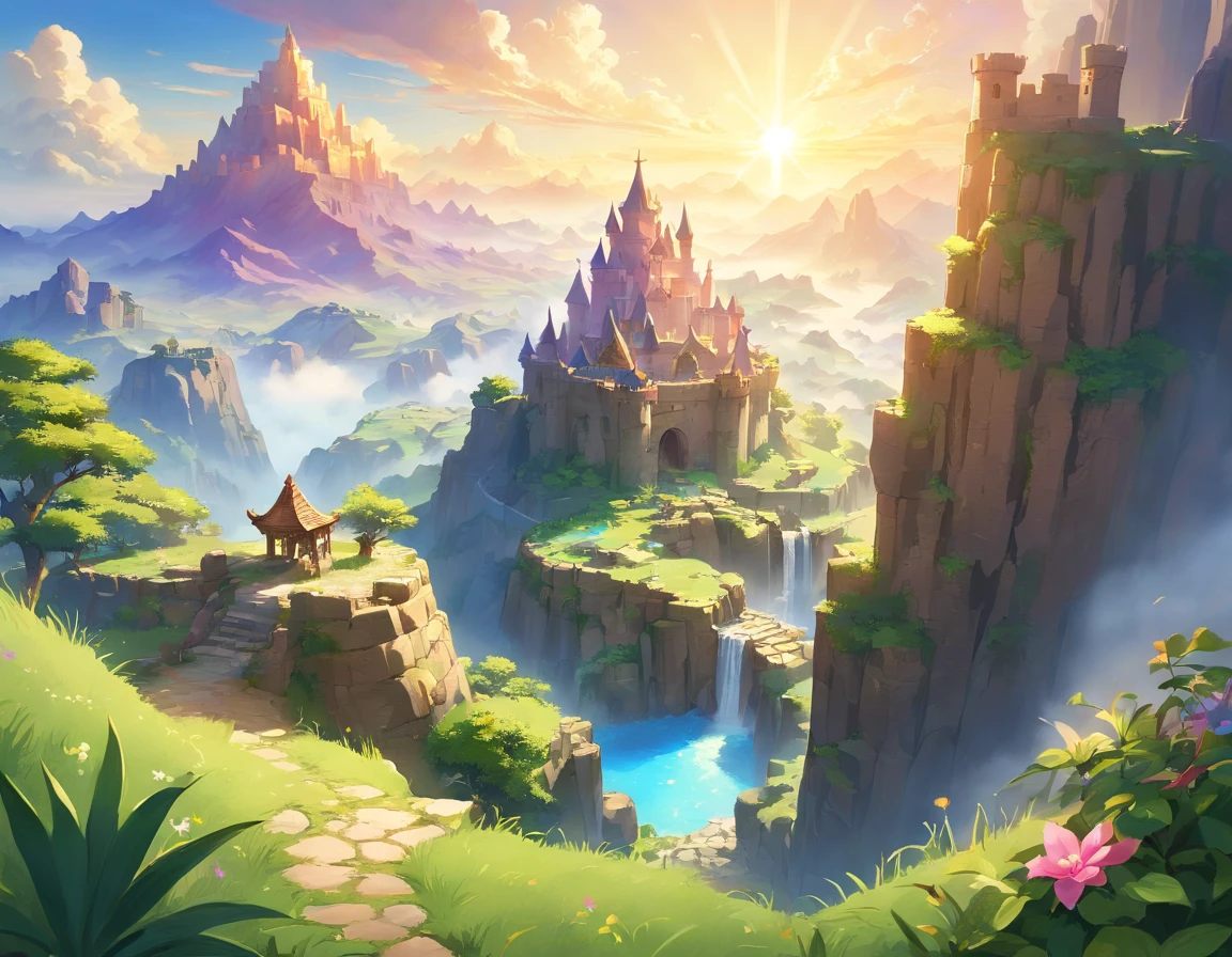 (best quality,4k,8k,highres,masterpiece:1.2),ultra-detailed,(realistic,photorealistic,photo-realistic:1.37),fantasy landscape,adventurer standing on a mountain,view from behind,desert,cactus,castle,The Legend of Zelda,enchanted sky,majestic mountains,mysterious fog,epic adventure,mythical creatures,magic crystals,majestic sunbeam,ancient ruins,hidden treasure,colorful flora and fauna,adventure awaits,mythical ambiance,distant horizon,unexplored territory,forbidden lands,surreal scenery,serene tranquility,impressive fortress,daring exploration,majestic waterfall,mystical aura,sunlit sky,solitude and solitude,heroic journey,fantasy realm,dreamlike atmosphere,magical escapade,unearthly beauty,awe-inspiring,hidden wonders,mountainous terrain,shimmering oasis,vibrant oasis,distant castles,suspended bridges,natural wonders