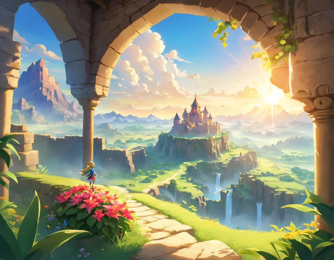 (best quality,4k,8k,highres,masterpiece:1.2),ultra-detailed,(realistic,photorealistic,photo-realistic:1.37),fantasy landscape,adventurer standing on a mountain,view from behind,desert,cactus,castle,The Legend of Zelda,enchanted sky,majestic mountains,mysterious fog,epic adventure,mythical creatures,magic crystals,majestic sunbeam,ancient ruins,hidden treasure,colorful flora and fauna,adventure awaits,mythical ambiance,distant horizon,unexplored territory,forbidden lands,surreal scenery,serene tranquility,impressive fortress,daring exploration,majestic waterfall,mystical aura,sunlit sky,solitude and solitude,heroic journey,fantasy realm,dreamlike atmosphere,magical escapade,unearthly beauty,awe-inspiring,hidden wonders,mountainous terrain,shimmering oasis,vibrant oasis,distant castles,suspended bridges,natural wonders