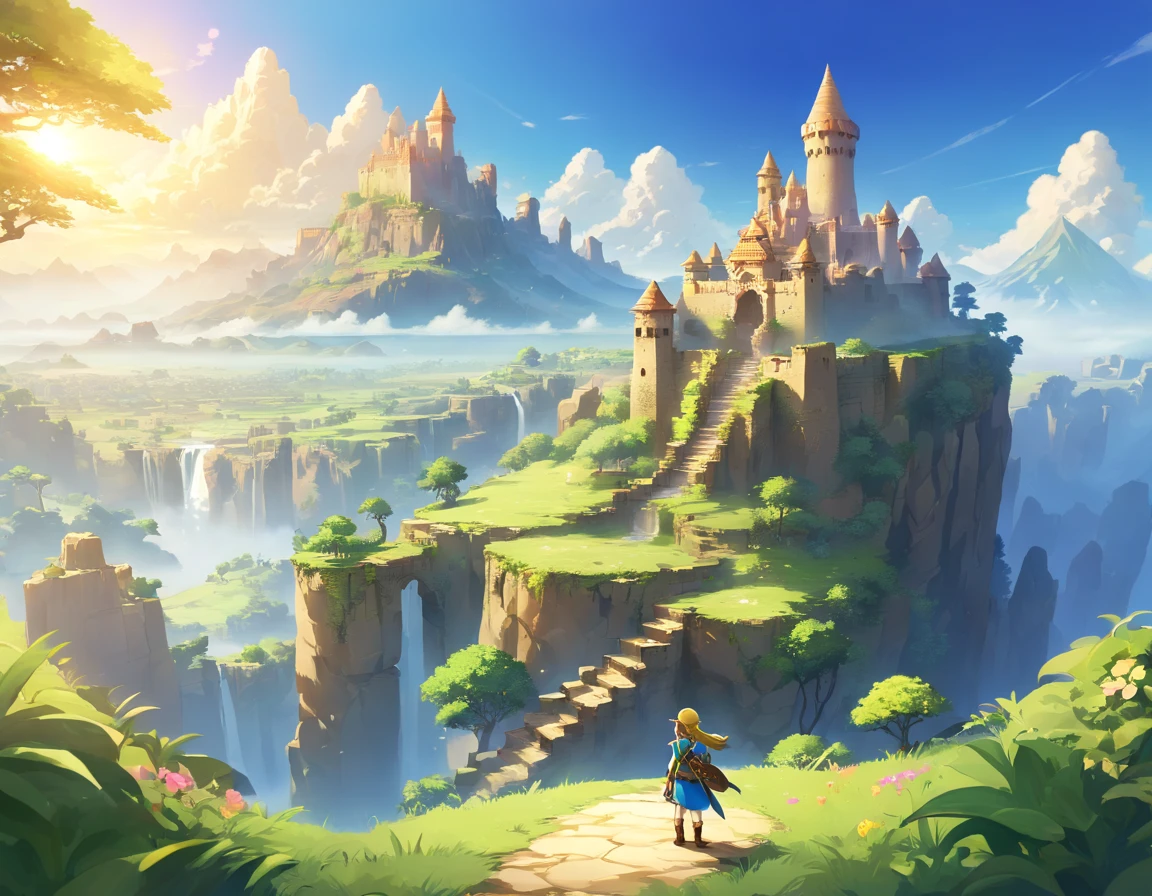 (best quality,4k,8k,highres,masterpiece:1.2),ultra-detailed,(realistic,photorealistic,photo-realistic:1.37),fantasy landscape,adventurer standing on a mountain,view from behind,desert,cactus,castle,The Legend of Zelda,enchanted sky,majestic mountains,mysterious fog,epic adventure,mythical creatures,magic crystals,majestic sunbeam,ancient ruins,hidden treasure,colorful flora and fauna,adventure awaits,mythical ambiance,distant horizon,unexplored territory,forbidden lands,surreal scenery,serene tranquility,impressive fortress,daring exploration,majestic waterfall,mystical aura,sunlit sky,solitude and solitude,heroic journey,fantasy realm,dreamlike atmosphere,magical escapade,unearthly beauty,awe-inspiring,hidden wonders,mountainous terrain,shimmering oasis,vibrant oasis,distant castles,suspended bridges,natural wonders