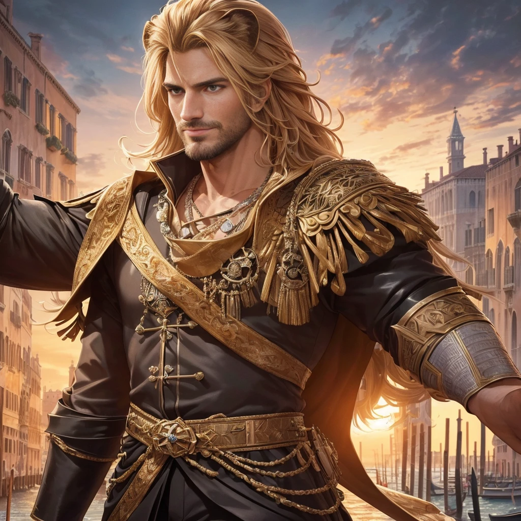 (best quality,4k,8k,highres,masterpiece:1.2),ultra-detailed,(realistic,photorealistic,photo-realistic:1.37),modern revival of the emperor Constantine the Great, lion-like eyes, bright and sharp eyes, deep smile, harboring dangerous ambitions, bold composition, overflowing with the dignity of a ruler, 34 years old, mature, masculine, capable and hardworking businessman, successful, gentle and kind on a daily basis but stern when necessary, background of the night view of Venice, summer, modern epic fantasy, elegant, luxurious, graceful, masterpiece, highest quality