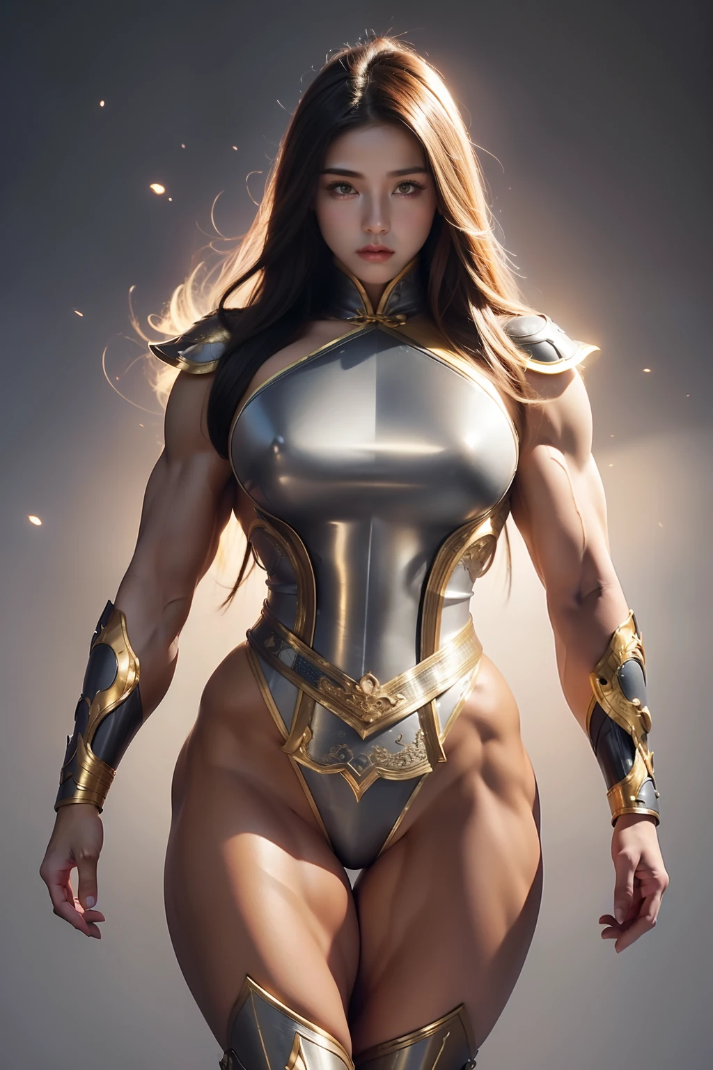 (High resolution, Pixels are perfect, luxurious illustration), (hyper quality, masutepiece, Ethereal: 1.4),(Solo:1.4), (((((((muscular))))))), ((thick thighs)), Woman, ((((chinese armor)))),(((s Armor))), (((wide hips))), ((greybackground)),