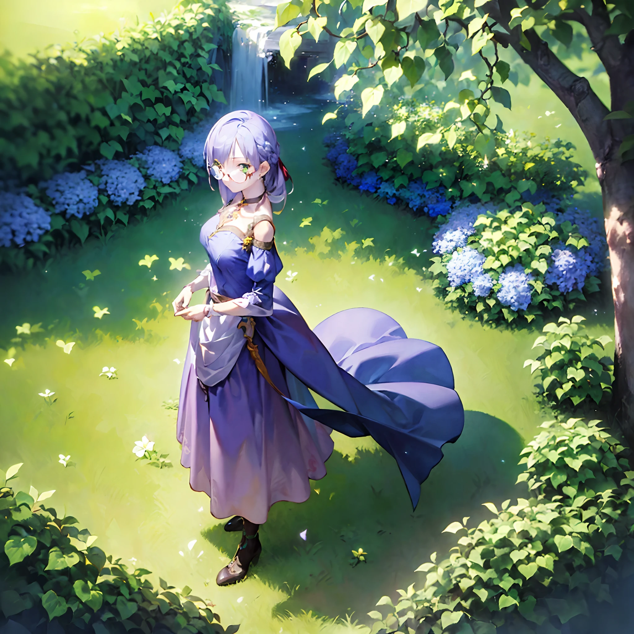 (masterpiece、top-quality、top-quality、Official art、Beautifully Aesthetic:1.2)、((1girl in))、Stand in the garden、looking at the viewers、eye glass、Light purple hair、green colored eyes、Longer dress
