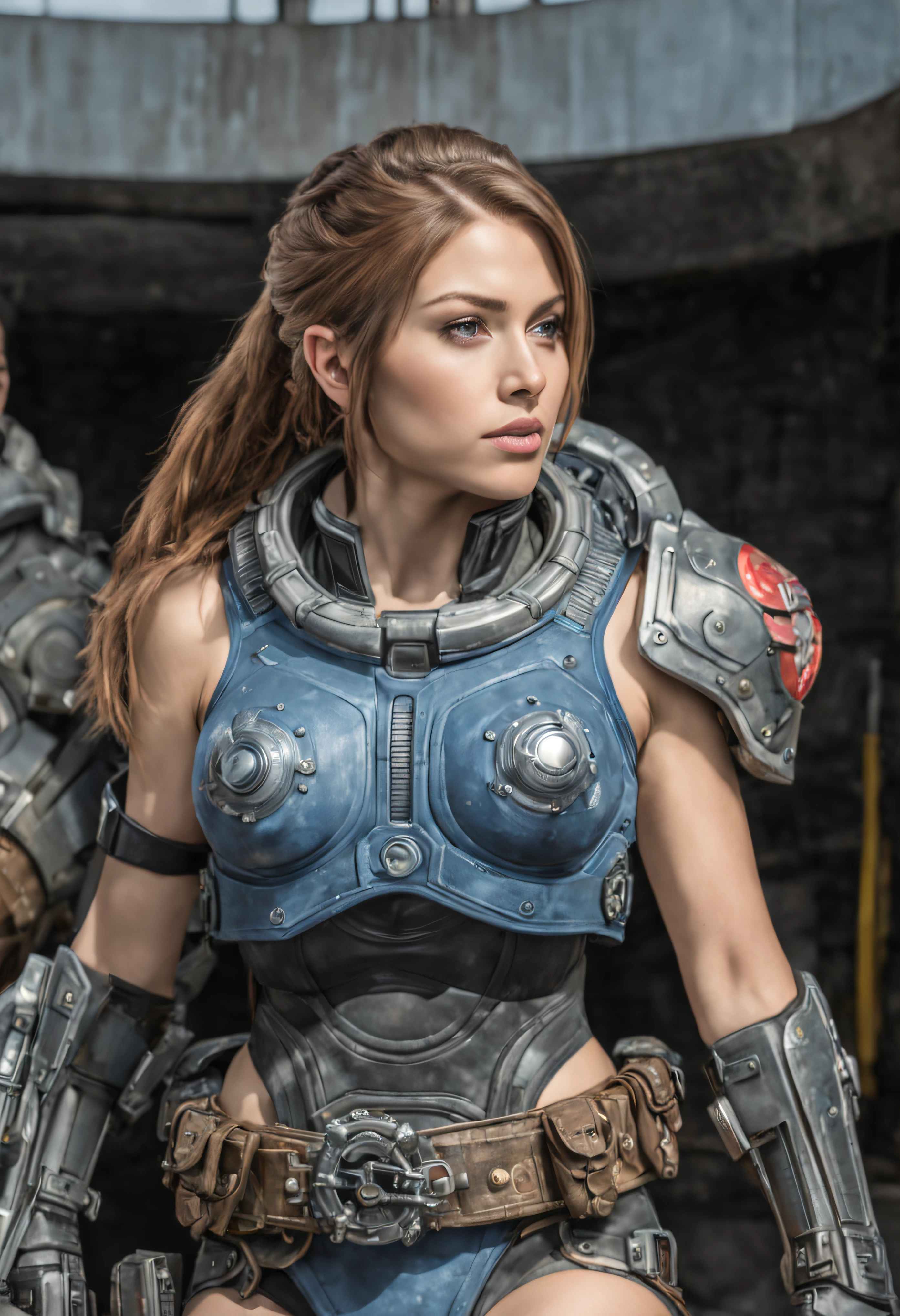 mujer alienigena extraterrestre, considerada como una de las razas mas bellas de la galaxia, con una cara, ojos y labios sensuales, vestida con uniforme sexy de gears of war con minifalda, ((se encuentra en centro de control de estacion espacial)). hiperrealista, imagen nitida, 8k. imagen cinematografica. (intrincados detalles de la maquina), (obra maestra de calidad superior