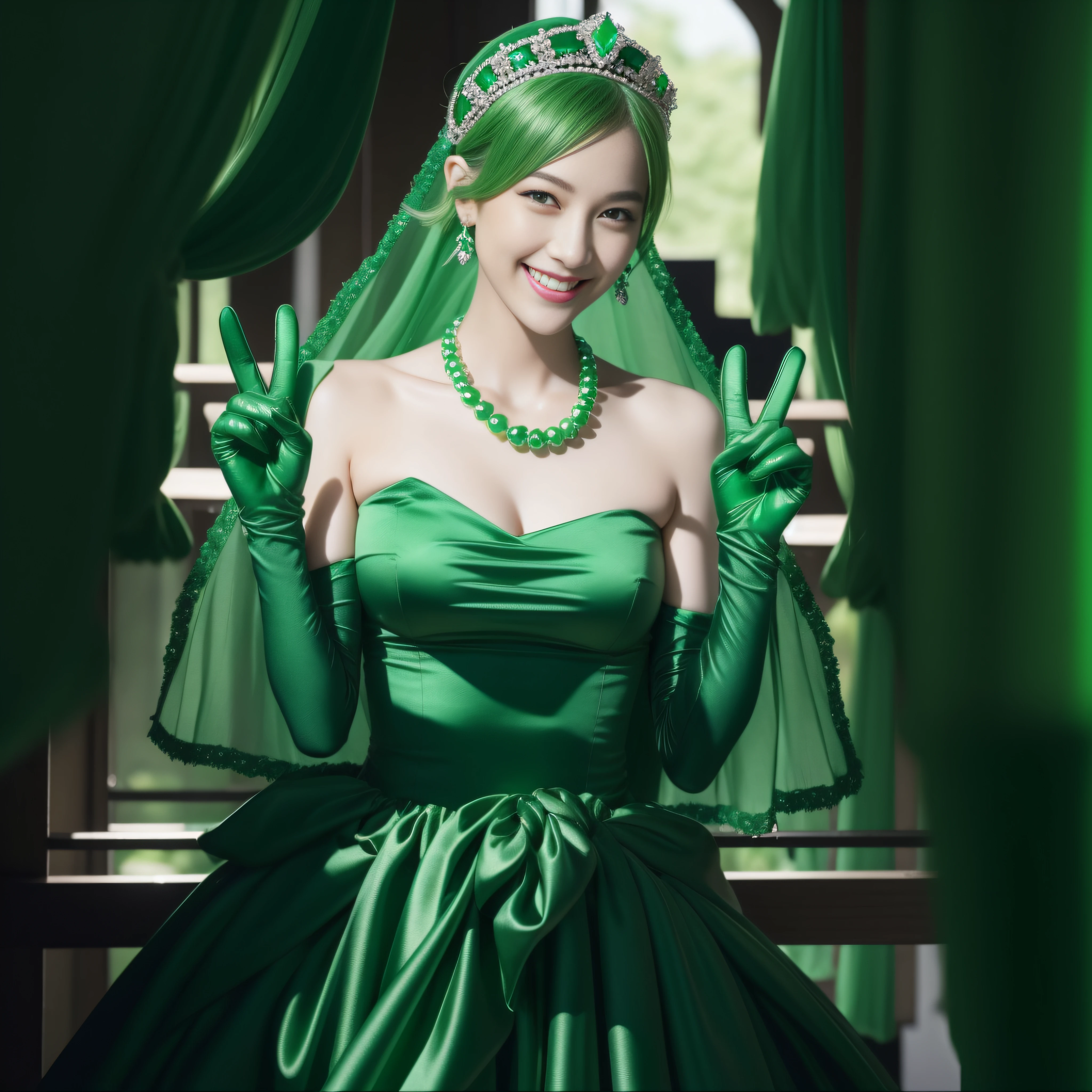 emerald tiara, green pearl necklace, boyish very short green hair, lipstick, smiling Japanese woman, very short hair, Big beautiful, green eyes, Long Green Satin Gloves, green eyes, V sign, emerald earrings, green veil, 両手でV sign
