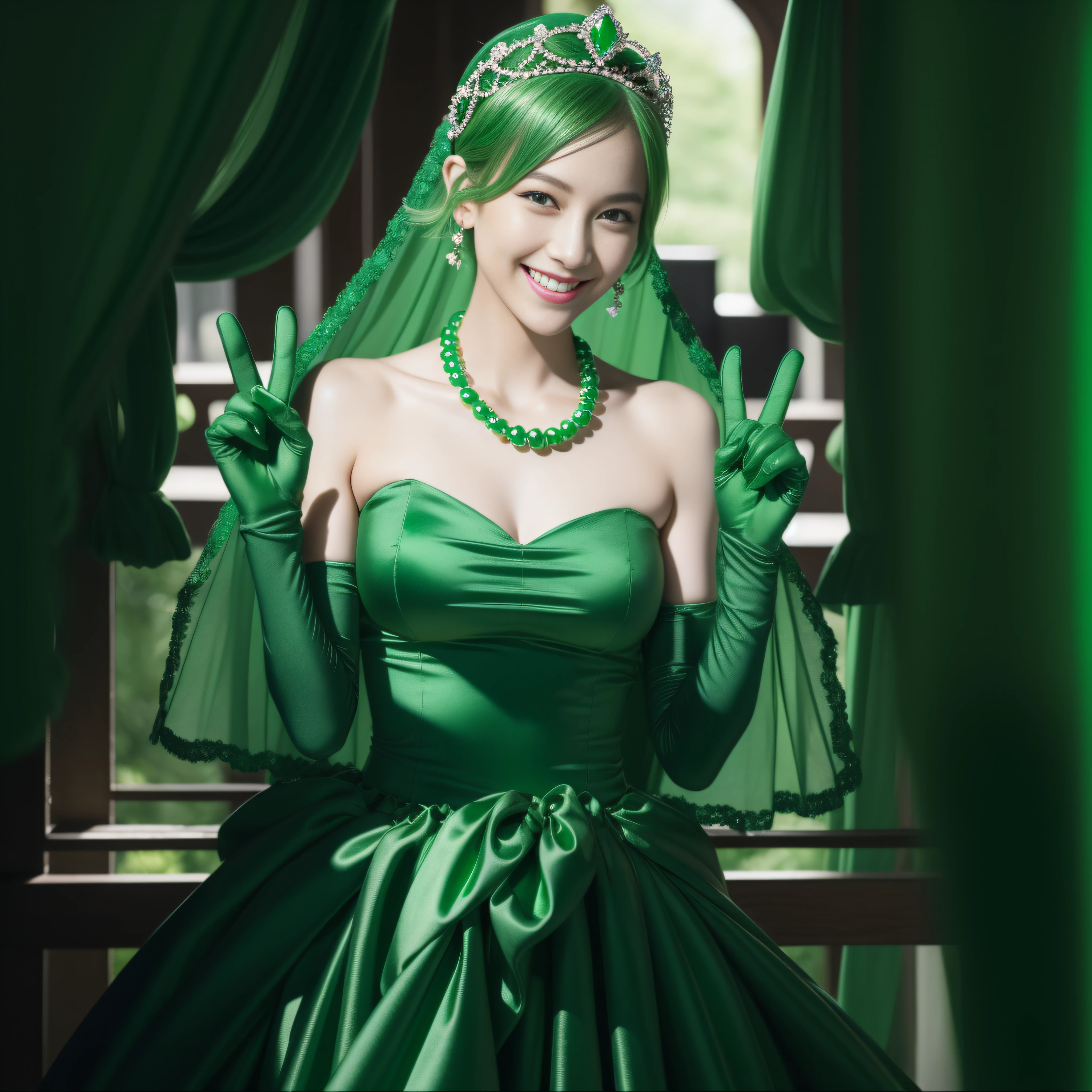 emerald tiara, Green Pearl Necklace, Boyish very short green hair, lipsticks, Japan woman smiling, very short short hair, big breasts beautiful, Green eyes, Long green gloves made of satin material, Green eyes,v sign, Emerald earrings