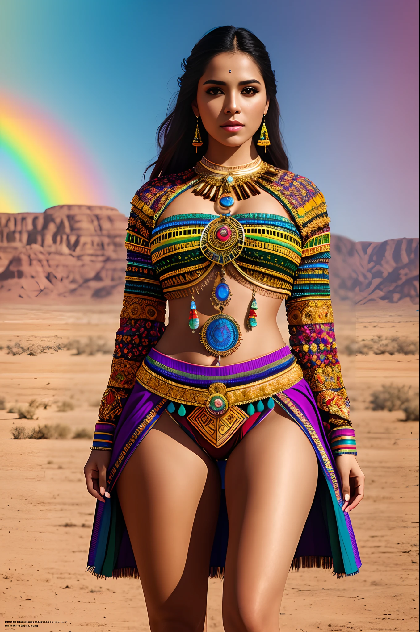 create Mariana Davalos in Full body photography of the most beautiful artwork in the world, a beautiful woman in intricate costume burning in the desert, rainbow colors, ArtStation, CGSociety, complex, high detail, clear focus, dramatic, realistic pictorial art trends Greg Rutkovsky
