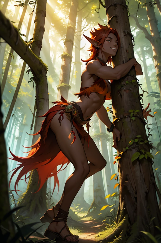 Art in colorful style Alex Horley, woman of short stature, slender and athletic, agile, full body, slightly pointed ears, dark brown skin, reddish-yellow gradient red hair like flames, wearing rustic wild fur adorned with teeth and feathers, hidden in the forest between foliage and branches, Amazon rainforest scene, ultra HD images.