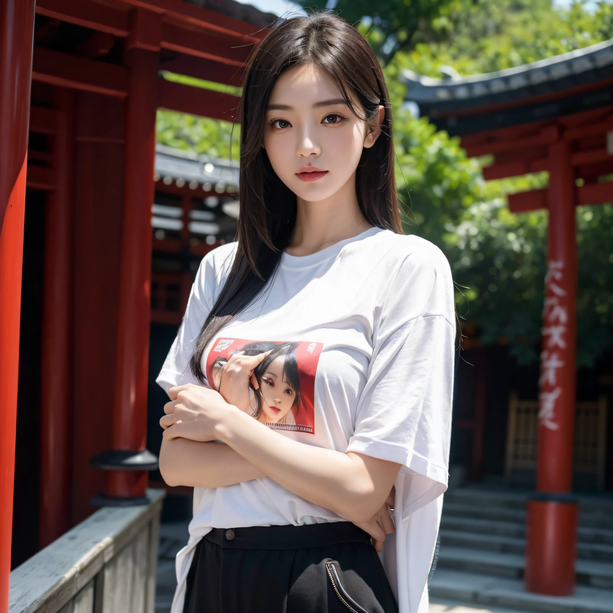 One beauty、((best qualtiy、8k masterpieces:1.3))、foco nítido:1.2、(ultra beautiful faces:1.0)、(shinny skin:1.0)、photos realistic、A dark-haired、Video Lighting、High-definition eyes and face、Video Lighting、Japanese actressl、from the front side、medium breasts、Smile、Slender Abs Beauty、Whole body、Kanji for Japan「tenderness」Wearing a T-shirt、At the shrine